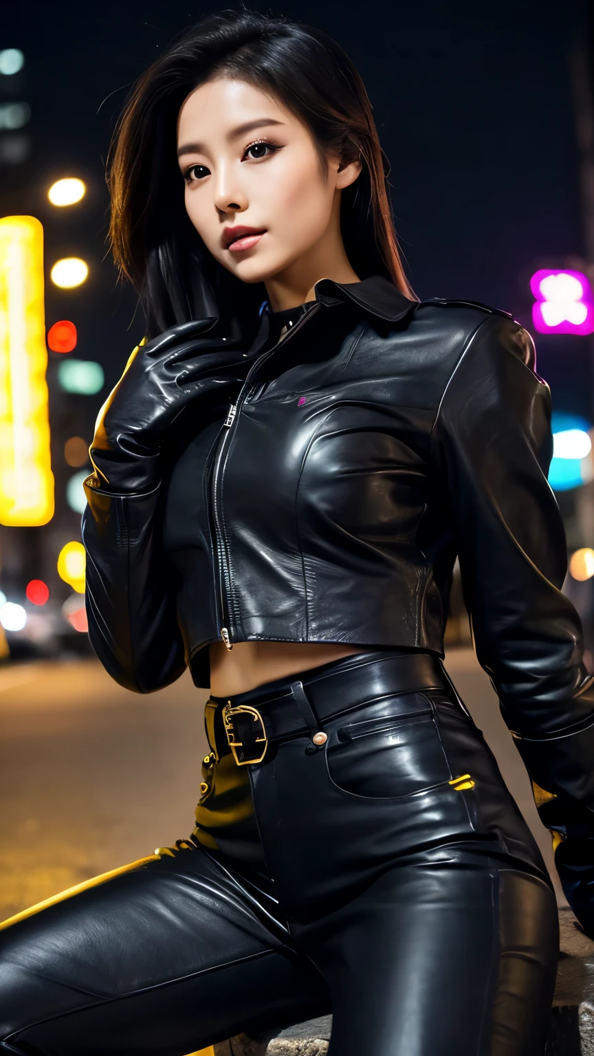 black leather rider jacket, Office in the Dark, Black leather gloved fingertips on both hands,Wearing black leather gloves,Sitting in a black leather chair、 Japanese female new recruits (Black leather gloves cover both hands) (The angle is horizontal)、Black Leather Pants,Black Leather Black Leather Pants,Black Leather Skinny Pants、Long black leather boots on both feet、Black hair ponytail ((He wears black leather gloves on his hands))Full Body Photo,full body shot full body full body leather suit,☺If you turn in this direction。Wearing black leather gloves,Wearing black leather gloves,Wearing black leather gloves,Wearing black leather gloves,Wearing black leather gloves,Wearing black leather gloves,黒のレザーパンツが美しい😍黒のレザーパンツが美しい😍黒のレザーパンツが美しい,😍Smiling while looking at me,City lights、((Neon Cyberpunk City Street:1.3))、(Neon Light)、Detailed lighting、
Best image quality、Ultra-high resolution、(realism:1.4)、Korean Beauty Star、The most beautiful KPOP stars、face、Horny Korean Makeup、A body that makes you want to touch it、Realistic leather texture、Costume made of smooth leather fabric、The drape of the curved parts of the leather fabric、The costume is very shiny、Quality of the costume、8K Photo Quality