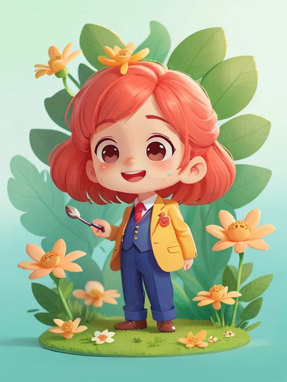 love theme, pixar style, 1boy, male holding bunch of flower, handsome chibi style Chinese male, tons of detail and 8K resolution. eyes should be large and expressive, Smile is delicate and white. wearing a suit with tie, must be ((holding flower)) to show off, Bonito Advanced Certificate, Hair texture and details, clothing, Candy utensils, Make them more cute and charming. (((Reduce skin exposure))),Correct movements,