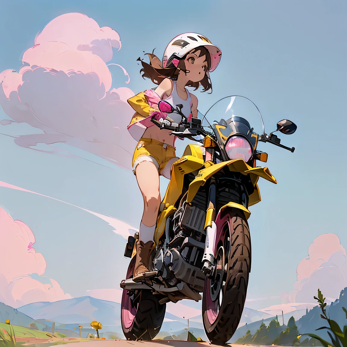 Highest quality、((A girl is riding a pink off-road type motorcycle:1.35))、Dark brown short cut、(Wearing a white jet helmet、White tank top、Yellow Jacket、Denim shorts、White knee-high socks、Brown work boots:1.3)、Japanese countryside scenery、Winding Road、Weeds grow along the side of the road、Blue sky、White clouds floating、Early summer sky、