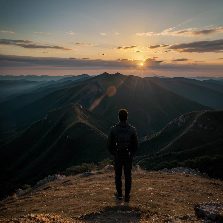 ((best quality)), ((masterpiece)), (detailed), inspirational, A silhouette of a person standing on a mountain peak at sunrise, overlooking a vast landscape, symbolizing passion and achievement.