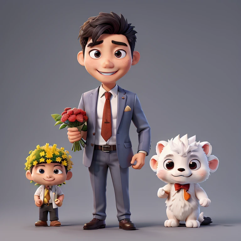 love theme, asian male holding bunch of flower, handsome chibi style Chinese male, tons of detail and 8K resolution. eyes should be large and expressive, Smile is delicate and white. wearing a suit with tie, must be ((holding flower)) to show off, Bonito Advanced Certificate, Hair texture and details, Candy utensils, Make them more cute and charming. (((Reduce skin exposure))),Correct movements,