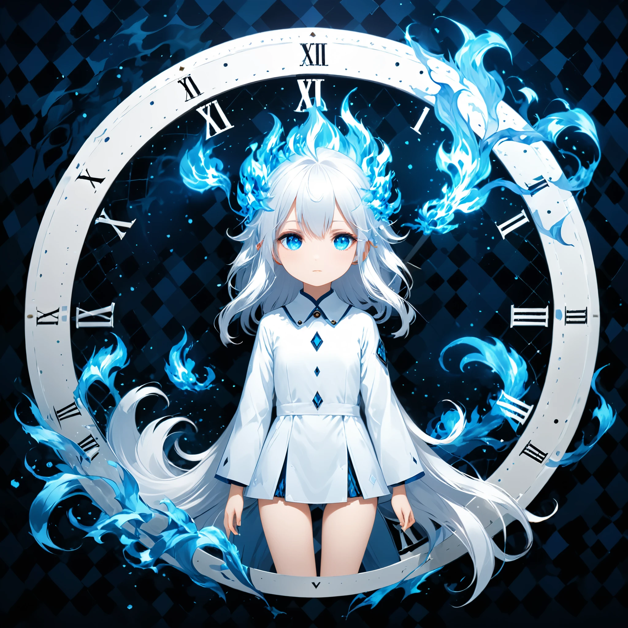 (argyle_background:1.3)，surrealist style,(depicting (((blue fire))) Elemental concept designed:1.2),(full_shot:1.2),space warp background,(clock_background:1.3),
BREAK
negative space composition,character design by liu ye,Nick Veasey,
BREAK
(long white hair:1.4),(white eyes:1.2),(white mechasuite:1.5),detail eyes
BREAK
(pose:1.4),(the lines of movement of the wind:1.4),simple background,(elementalized body:1.1),
