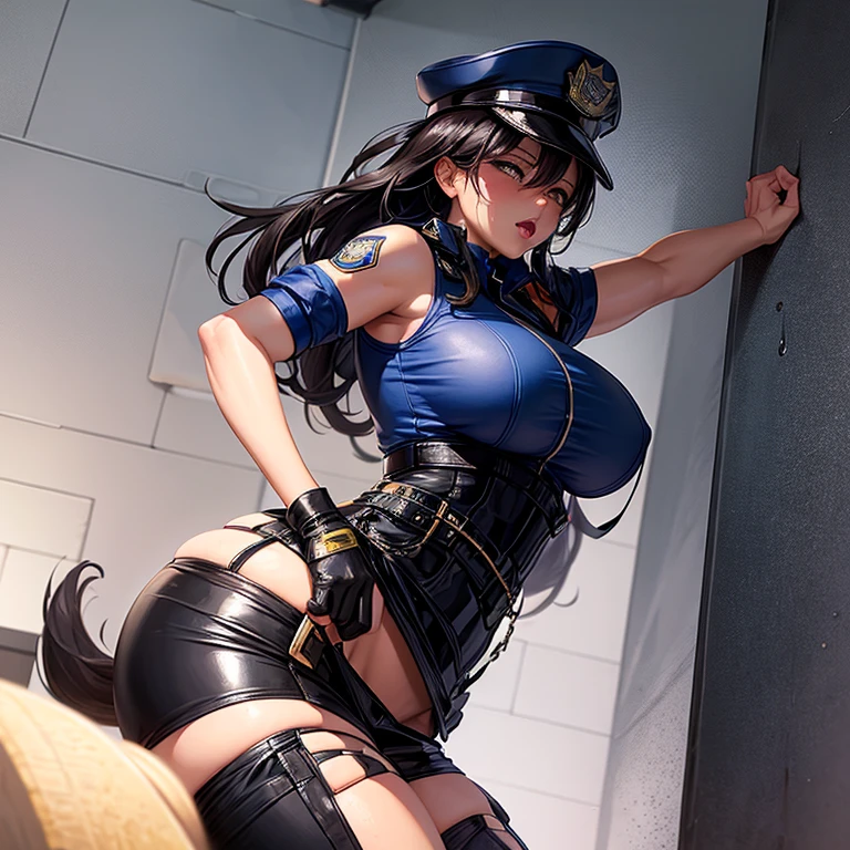 A very sexy female police officer who is in cuffs she has a very sexy and juicy also tender an tight bum she is moaning and groaning in pleasure her breasts are so large that they are leaking with milk she is sweating and she is in a very sexy police costume