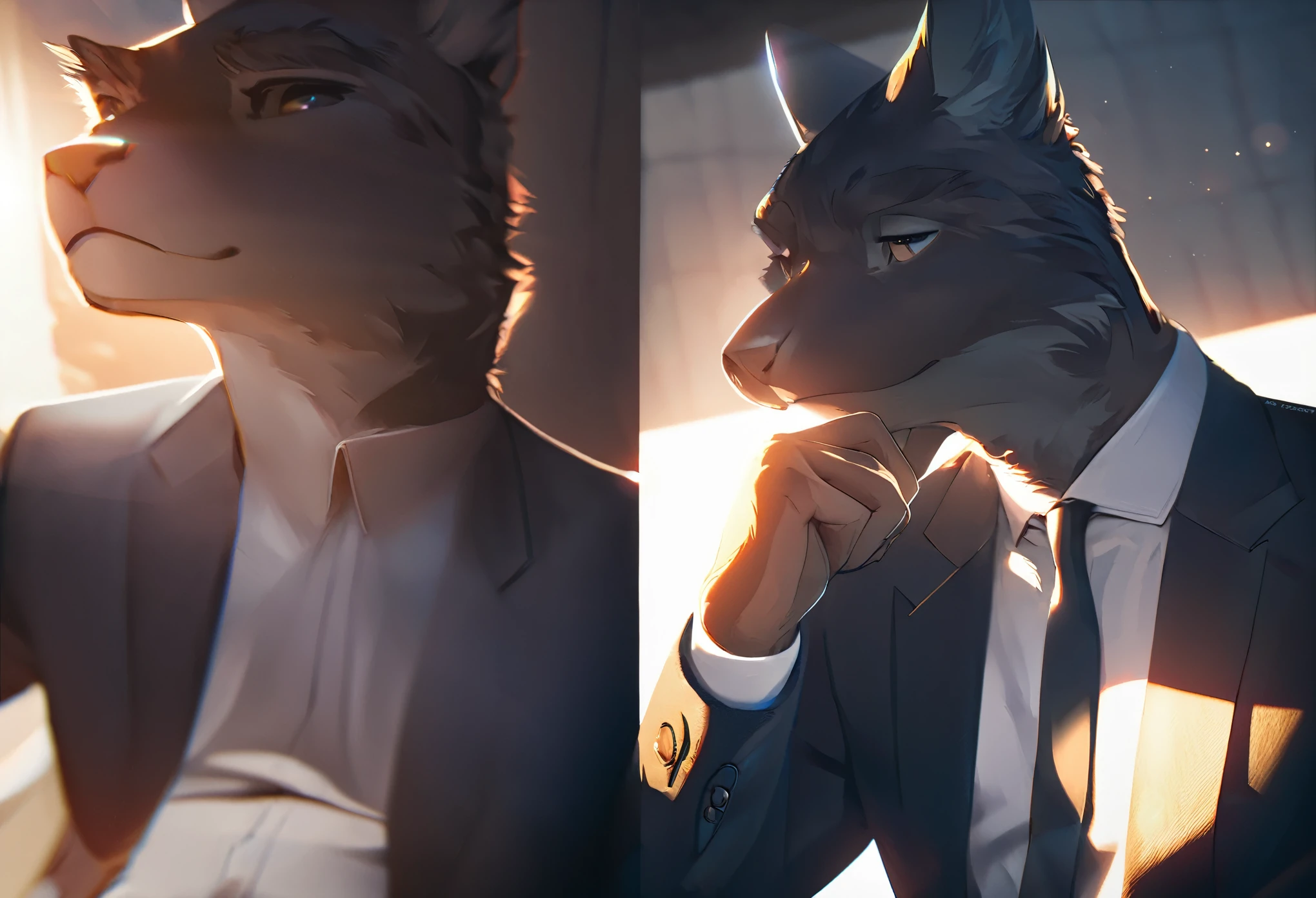 highres, top quality, best quality, paid reward available, High-quality illustrations, unparalleled masterpiece, businessman, suits, man sitting on chair, fully posable, neutral pose, thinking pose(furry anthro)absurdres, perfect anatomy, expression, caustics, dynamic lighting, lens flare, cinematic shadow, assorted poses, cinematic angle,