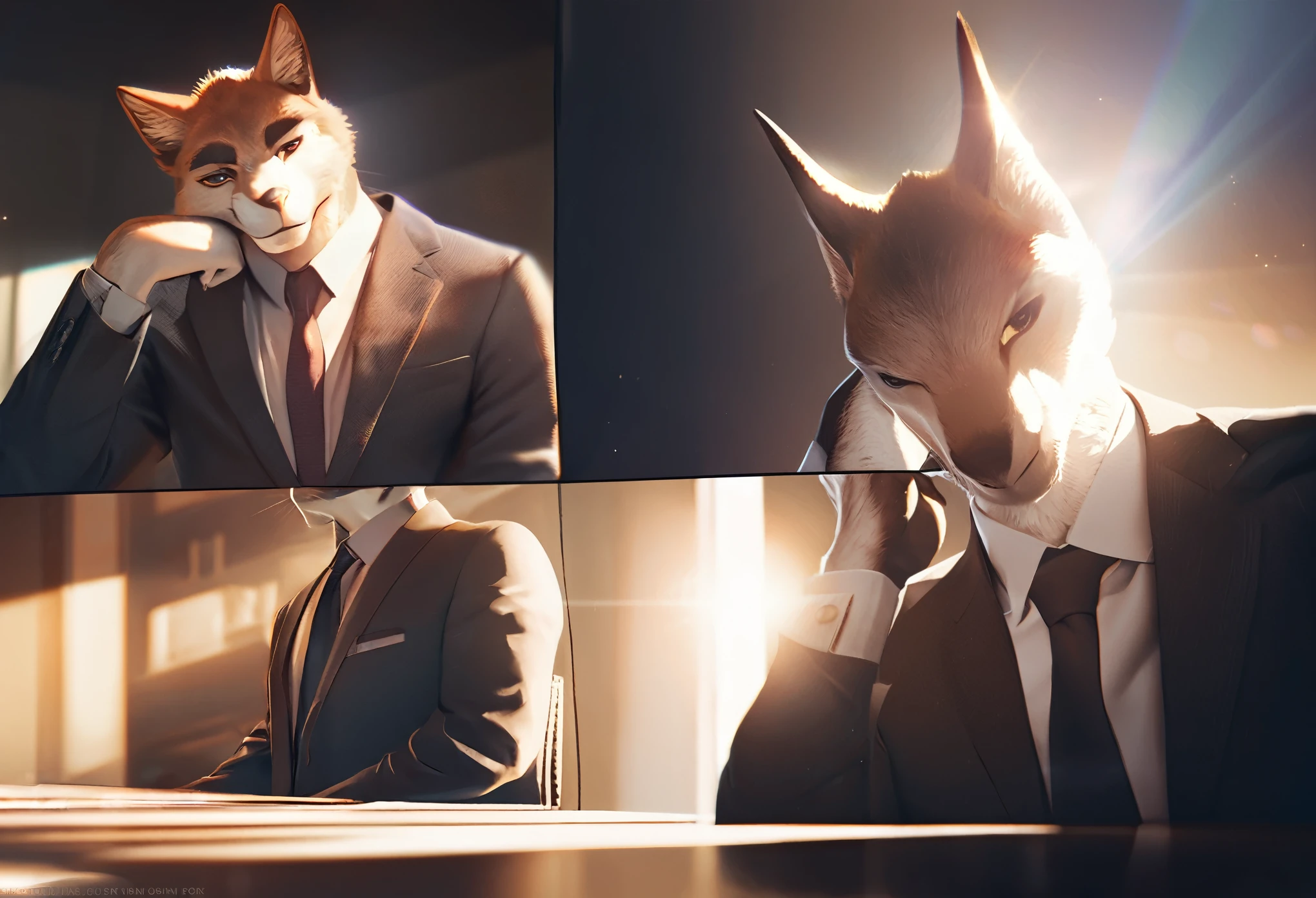 highres, top quality, best quality, paid reward available, High-quality illustrations, unparalleled masterpiece, businessman, suits, man sitting on chair, fully posable, neutral pose, thinking pose(furry anthro)absurdres, perfect anatomy, expression, caustics, dynamic lighting, lens flare, cinematic shadow, assorted poses, cinematic angle,