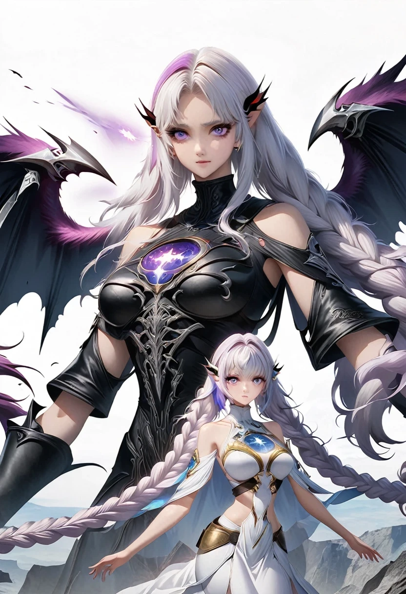 Death Demon,Dragon Island, Double braid girl,(White background:1.2)，Cartoon character with wings flying over woman in purple and white dress, Anime fantasy illustration, white hair deity, Fantasy style anime, Anime Fantasy Artwork, Anime Cover, Fantasy art style, Ethereal Anime, white hair, white hair, Beautiful fantasy anime, Nixon and Sagemchan, Queen and ruler of the universe, Anime style 4k， Cool anime 8K, Devil anime girl, Anime epic artwork, best anime 4k konachan wallpapers, angel knight girl, 2. 5D CGI anime fantasy artwork, Angels Watching the Devil, Anime Key Art, Eros and Thanatos, Dark Angel, Epic anime style, Ghost Hunters Art Style