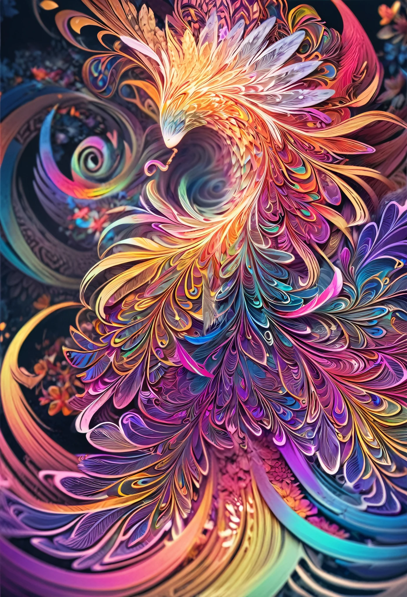 (masterpiece, top quality, best quality, official art, beautiful and aesthetic)(1girl)fractal art, colorful, flowers, zentangle, full body, abstract background, shiny skin, many colors, earrings, feathers,