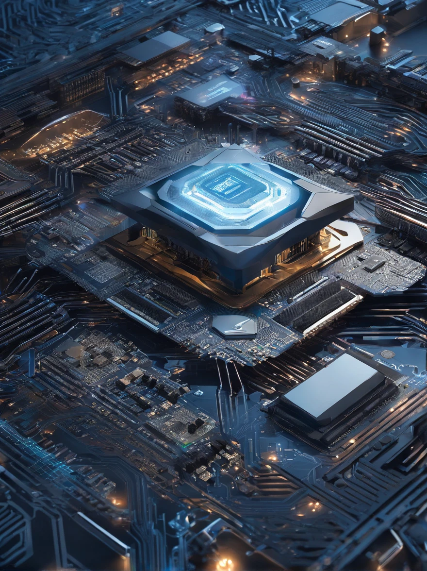A computer motherboard with a state-of-the-art AI processor. AI generative.