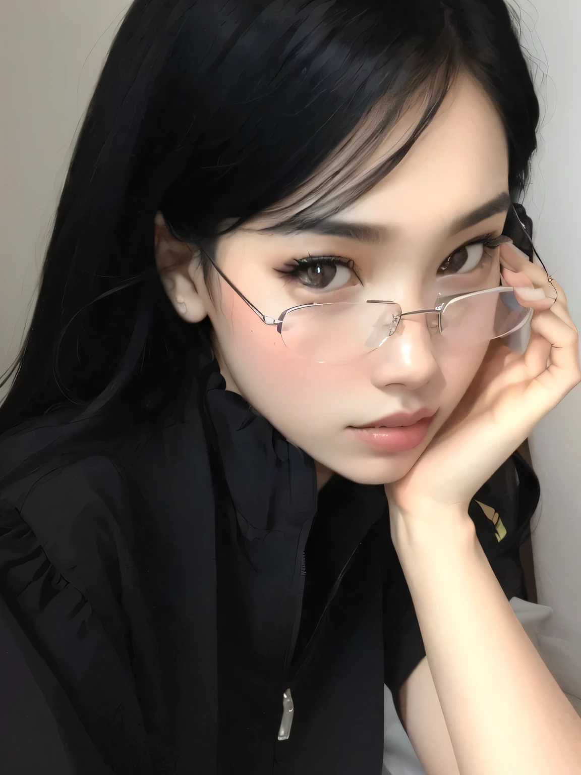 there is a woman with anteojos sitting on a bed, with anteojos, with black eyeanteojos, wearing thin large round anteojos, ulzzang, wearing small round anteojos, with square anteojos, con gafas, anteojos, wearing black frame anteojos, eyeanteojos, big round anteojos, thick anteojos, girl wearing round anteojos, gafas redondas gruesas, girl with anteojos