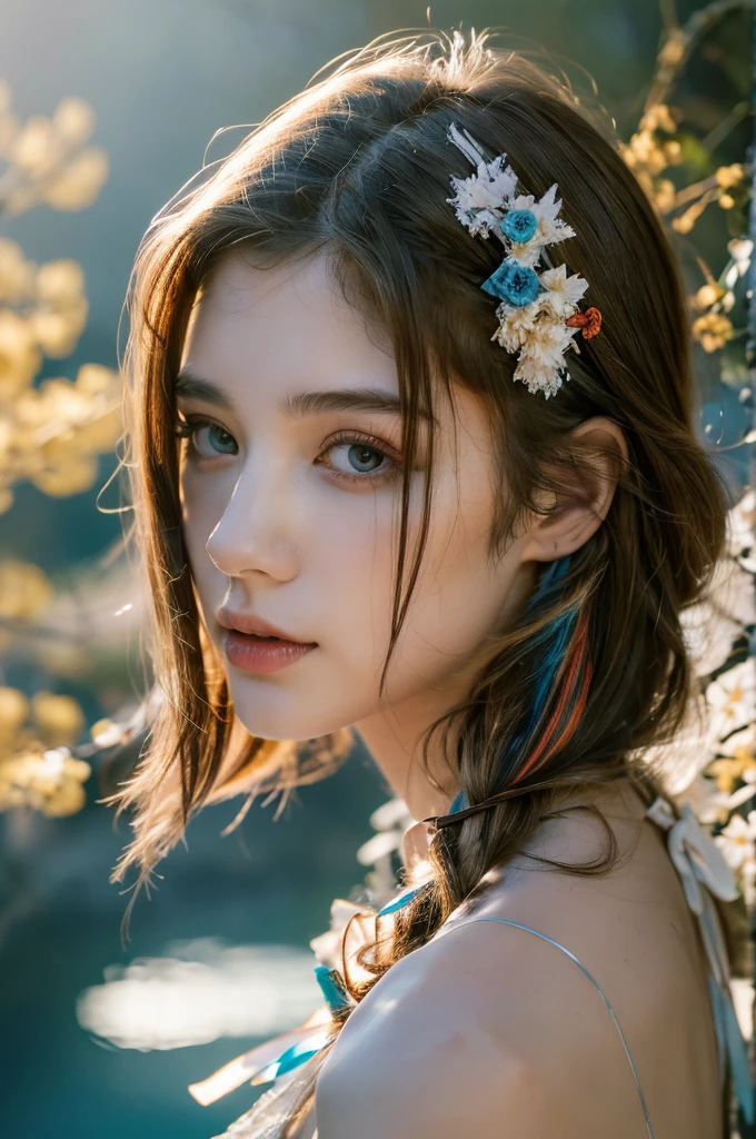 ( masterpiece, top quality, best quality,8k,17 years old girl,ultra detailed,raw photo:1.5),(photorealistic:1.4), (cinematic lighting), PerfectNwsjMajic, , Surrealism, UHD, ccurate, Super detail, textured skin, High detail, Best quality, dynamic angle, White skin,[Beautiful blue eyes], high nose,[flat chest:large breasts:0.5],(1girl),((good anatomy:0.5)),(covered in flowers:1.4), night sky, interested in, fire and ice, (The image is divided into two，Available in a variety of colors:2), eyes blues, sapphire, liquid metal, night sky, (Look at an angle:1.3), (fire and ice), ((Lower chrome)), (hairpin:1.4), (forest:1.3), (fog: 1.3),  Subtle colors and tones, mystical aura ,dreamy atmosphere,expressive brush strokes, mystical ambiance, Artistic interpretation, upper body, (long hair,light brown streaked hair, brown hair),river, water