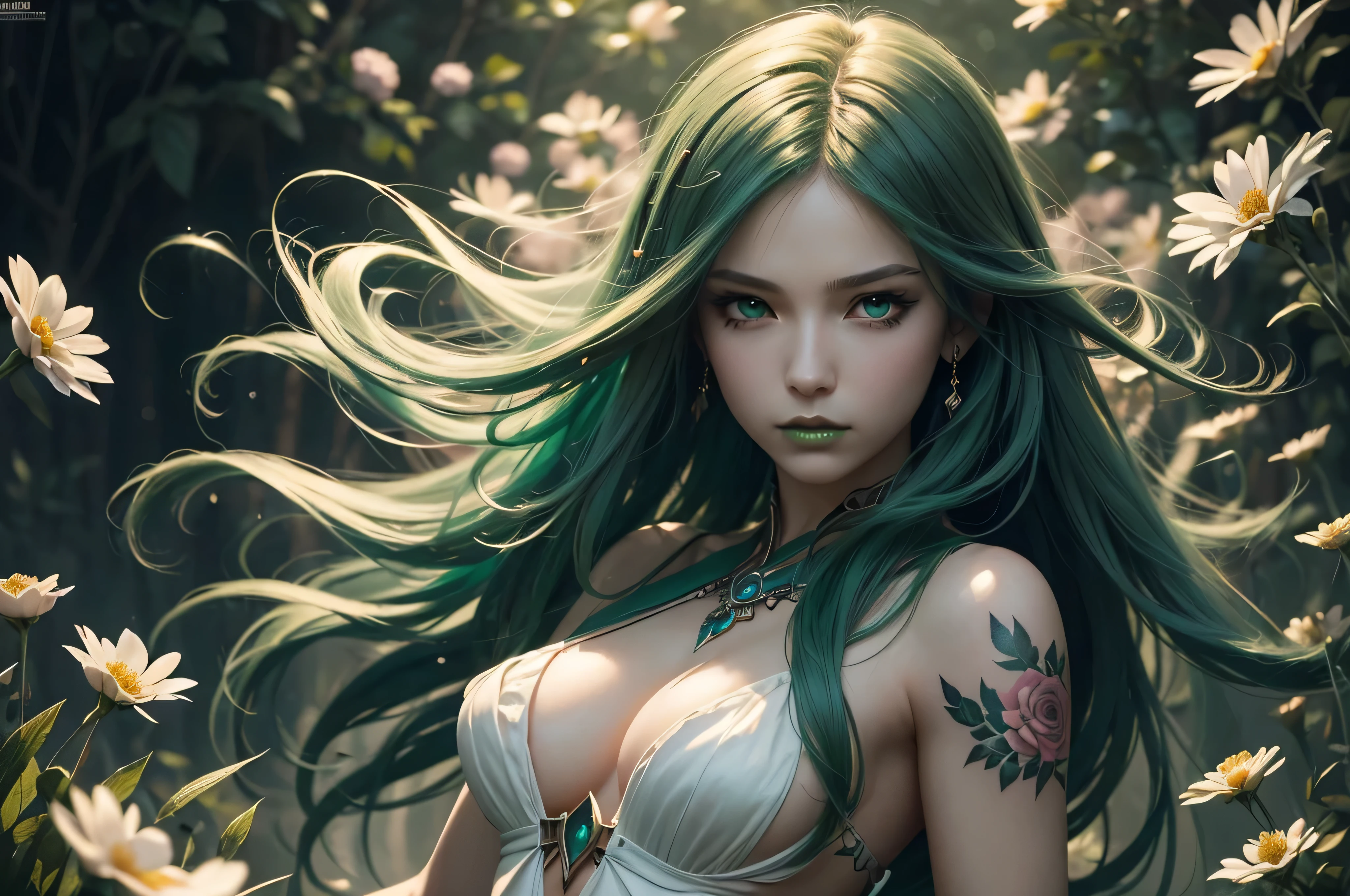 There is summer dale covered with flowers and grass and flying elemental wisps, There stand female sylph, she have beautiful face with green eyes, green eye shadows, and green lipstick, long windy emerald hair, and tattoos over all her body, arms and legs, she have naked top and and skirt made of green leaf and flowers, and windy aura around her, (ultra high quality fantasy art, dark fantasy style, masterpiece, ultra high quality character design, 8k quality anime art, realistic anime art, top quality wallpaper illustration, detailed ultra high quality accurate face, high quality design and accurate physic)