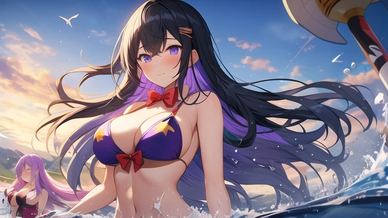Gorgeous light and shadow, Backlight, 3 Girls,Valkyrie， Blunt side bangs, Hair between the eyes, Purple Eyes, Delicate face, ribbon, Red and gold dress, bow tie, Buttons, Bare shoulders, Bikini, (Large Breasts), ((微wind)), Splashing splashes, wind, Flowing long hair, (shattered glass), Hair purple powder, Flying water, hair covering your body, Flying red ribbon, (水墨画wind格), [:(Slender arms and hands):0.8]，