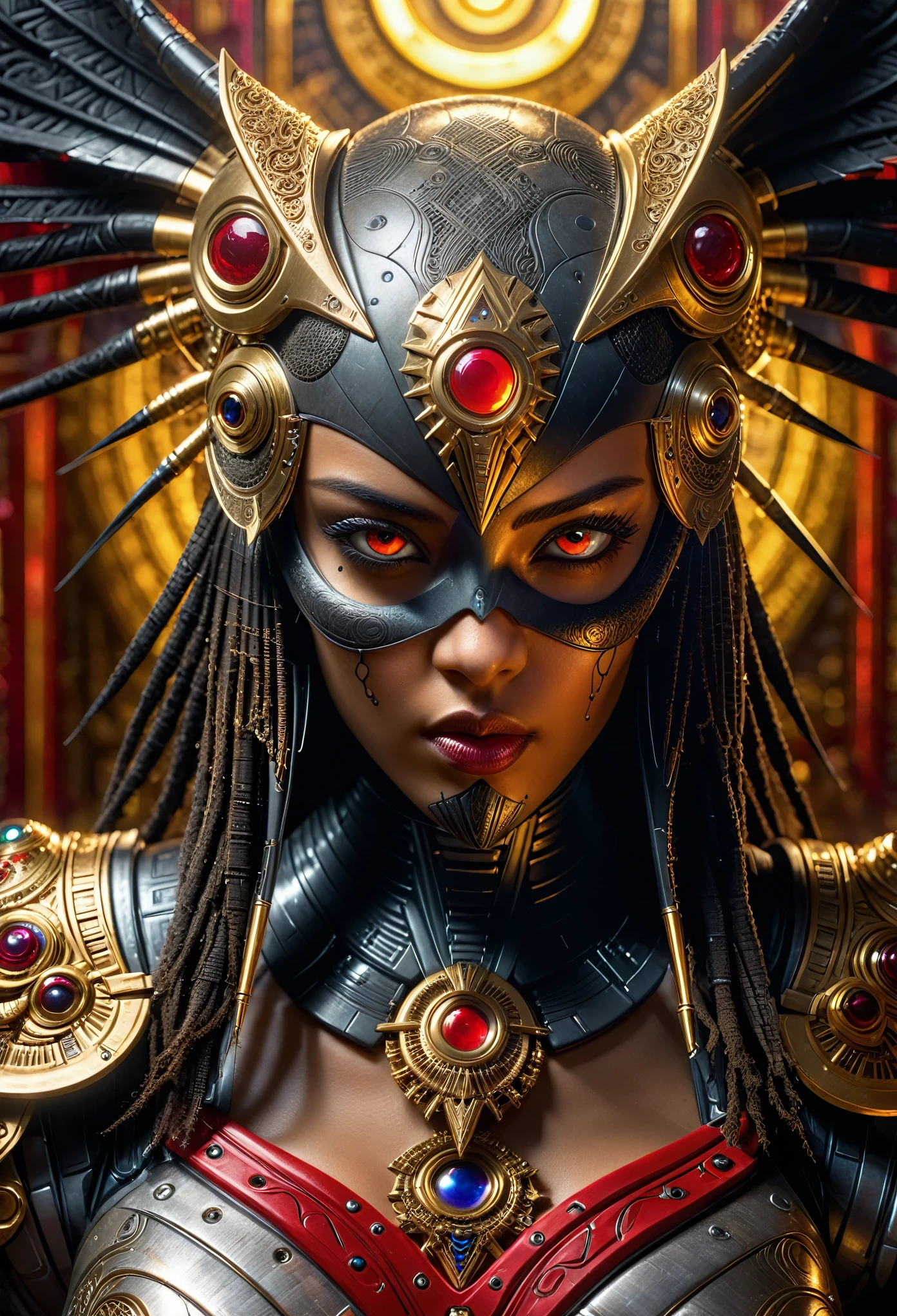 portrait the egyptian female, cyberpunk, pyramid, hyperdetailed eyes, hyperrealism extremely detailed epic masterwork, dark fantasy detailed, intricately detailed Splash art trending on Artstation dynamic lighting Eldritch hyperdetailed, attacker angel, red light cross, chrome silk with intricate ornate weaved golden filigree, dark mysterious background, (4k), photo realistic, cinematic, movie still, captured in the style of Sony Alpha A7 III camera