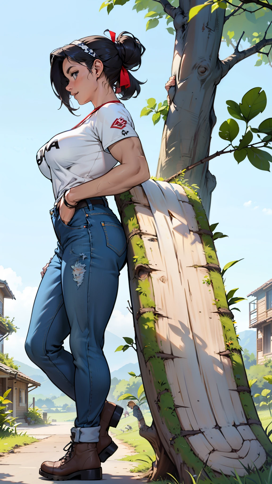 21 anos, garota ruiva, cabelo na altura das coxas (((cara feliz, cara sedutora, cara animada, rosto excitado))) jeans e blusa justa, ((penteado coque)) (((ficha de personagem detalhada, vista frontal, vista lateral, three-quarter view))) (((fundo branco))) massive huge tits, cintura alta, tronco alto