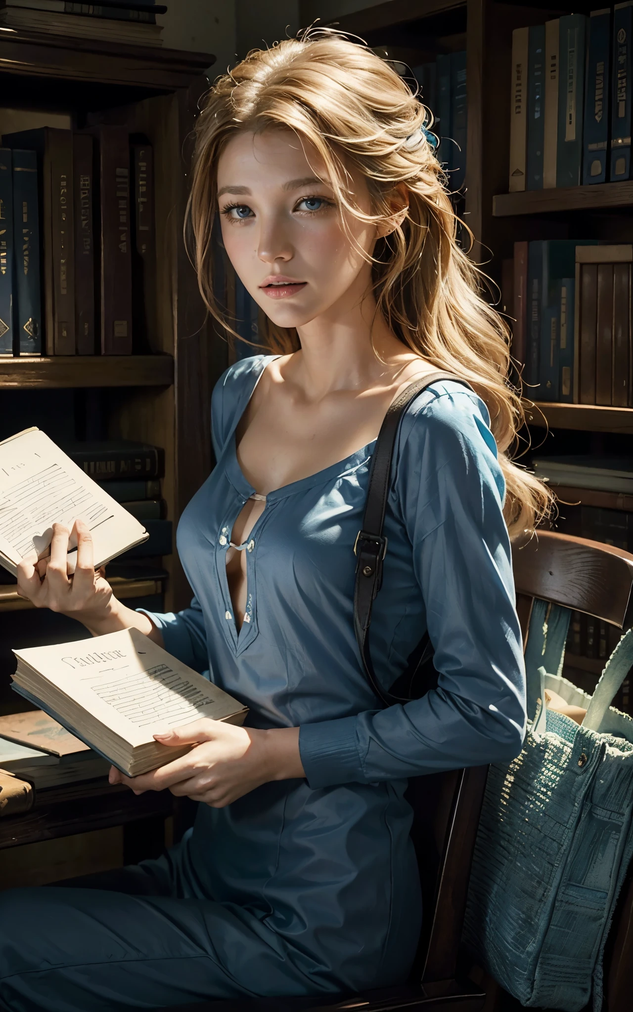 (Blake Lively:Elsa Pataky) is a librarian grabbing a book with strange symbols in the cover, tote bag. ((Blue shirt with white neck)) , Lovecraft atmosphere, 1920 style, masterpiece. 