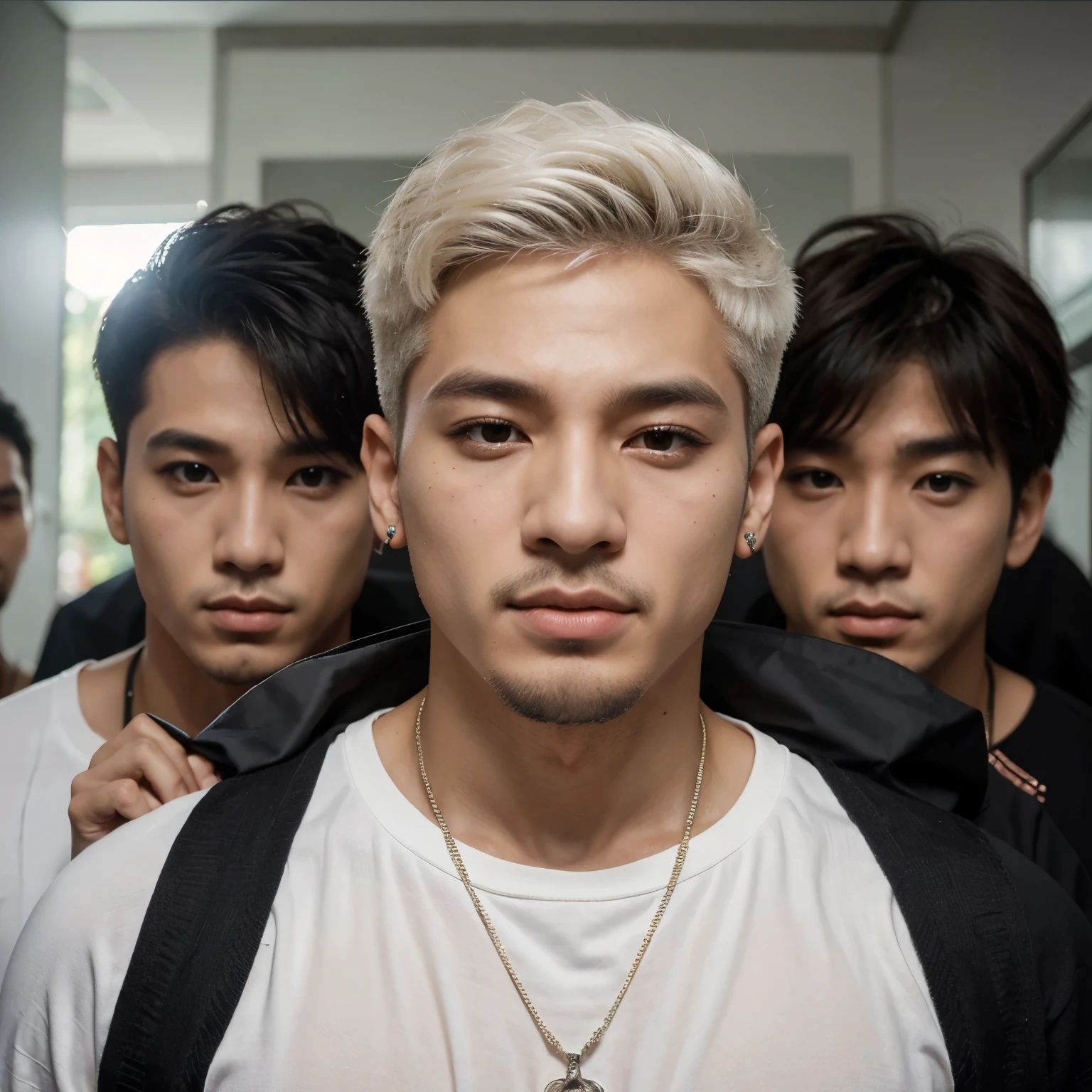 Grupo masculino de kpop, muito detalhado, 4k realista, pele extremamente branca, fofos, cute, oito integrantes, oito pessoas, estilosos, fofo, garotos, masculino, rosto liso, sem defeito, albino, bangchan