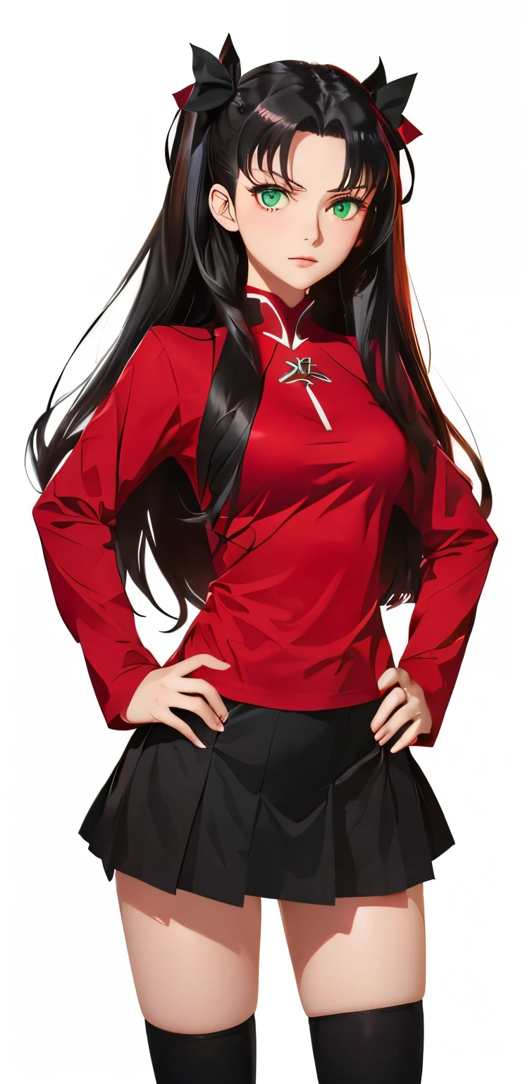 A woman with black hair, green eyes, Tohsaka Rin Fate stay night, Red shirt, short black skirt