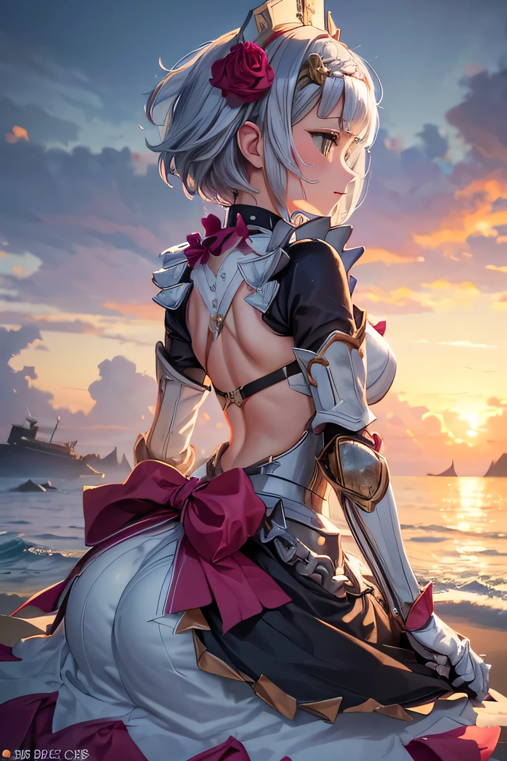 (slanted eye),(Best Quality, 4K, 8K, hight resolution, masutepiece:1.2), Ultra-detailed, (Realistic, Photorealistic, Photorealsitic:1.37), Mature Woman, Adult Woman, notre dame, Dark fantasy landscape,masutepiece, Highest Quality, Ultra-fine,max resolution, Extremely detailed, ((Woman knight, Clean Armor,White bikini armor)),shining beautiful skin,Huge breasts, Big ass,Seductive thighs,from behind,poneyTail,((high legs,Ass,thong)),overknee socks