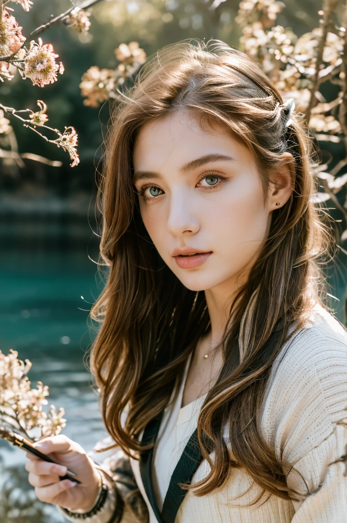 ( masterpiece, top quality, best quality,8k,17 years old girl,ultra detailed,raw photo:1.5),(photorealistic:1.4), (cinematic lighting), PerfectNwsjMajic, , Surrealism, UHD, ccurate, Super detail, textured skin, High detail, Best quality, dynamic angle, White skin,[Beautiful blue eyes], high nose,[flat chest:large breasts:0.5],(1girl),((good anatomy:0.5)),(covered in flowers:1.4), night sky, interested in, fire and ice, (The image is divided into two，Available in a variety of colors:2), eyes blues, sapphire, liquid metal, night sky, (Look at an angle:1.3), (fire and ice), ((Lower chrome)), (hairpin:1.4), (forest:1.3), (fog: 1.3),  Subtle colors and tones, mystical aura ,dreamy atmosphere,expressive brush strokes, mystical ambiance, Artistic interpretation, upper body, (long hair,light brown streaked hair, brown hair),river, water