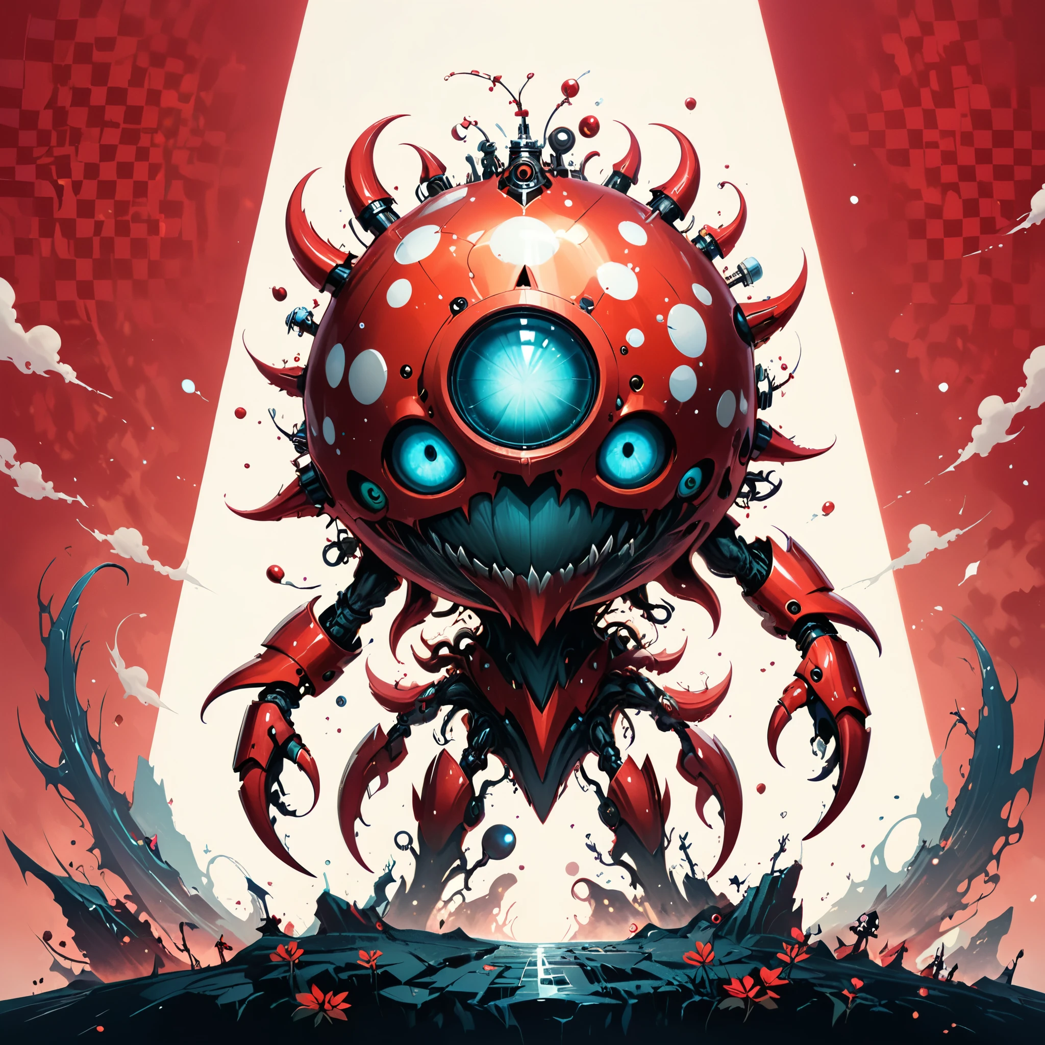 red and white checkered background,(best quality,4k,8k,highres,masterpiece:1.2),ultra-detailed,surrealist style,in style of Daniel Merriam,lovely style biopunk monster concept,character concept design,
BREAK
(full_shot:1.2),negative space composition,