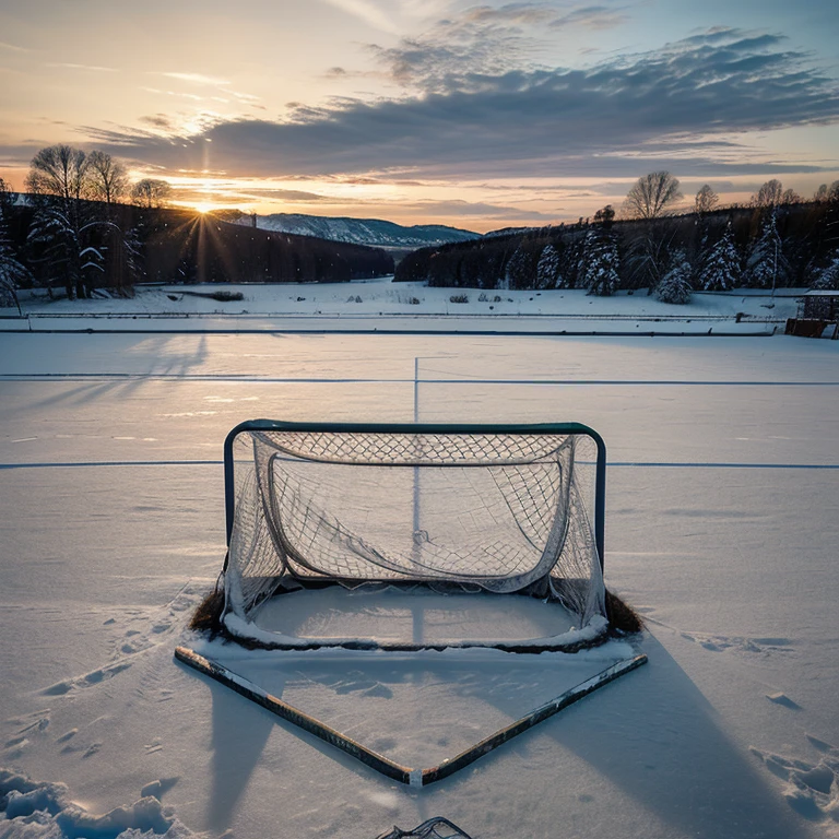 ((best quality)), ((masterpiece)), (detailed),inspirational, A lone hockey net on an open snowy frozen lake, winter, field with a sunset in the background, symbolizing opportunity.