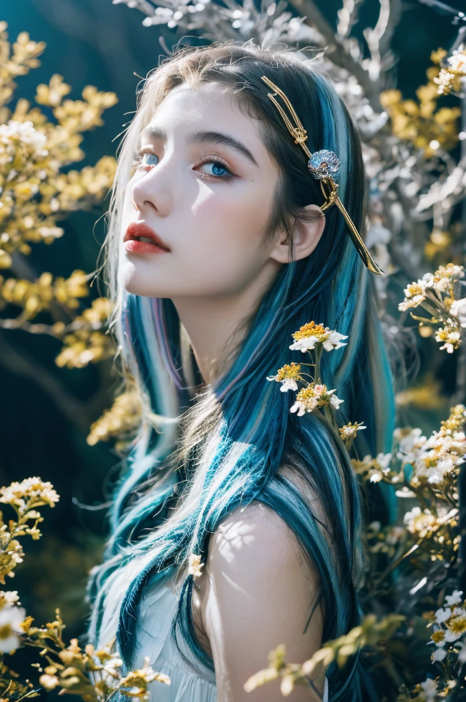 ( masterpiece, top quality, best quality,8k,17 years old girl,ultra detailed,raw photo:1.5),(photorealistic:1.4), (cinematic lighting), PerfectNwsjMajic, , Surrealism, UHD, ccurate, Super detail, textured skin, High detail, Best quality, dynamic angle, White skin,[Beautiful blue eyes], high nose,[flat chest:large breasts:0.5],(1girl),((good anatomy:0.5)),(covered in flowers:1.4), night sky, joint, interested in, fire and ice, (The image is divided into two，Available in a variety of colors:2), eyes blues, sapphire, liquid metal, night sky, (Look at an angle:1.3), (fire and ice), ((Lower chrome)), (hairpin:1.4), (forest:1.3), (fog: 1.3),  Subtle colors and tones, mystical aura ,dreamy atmosphere,expressive brush strokes, mystical ambiance, Artistic interpretation,Wonderland, blue glowing flowers tone, upper body, long hair,(blue streaked hair), river,water