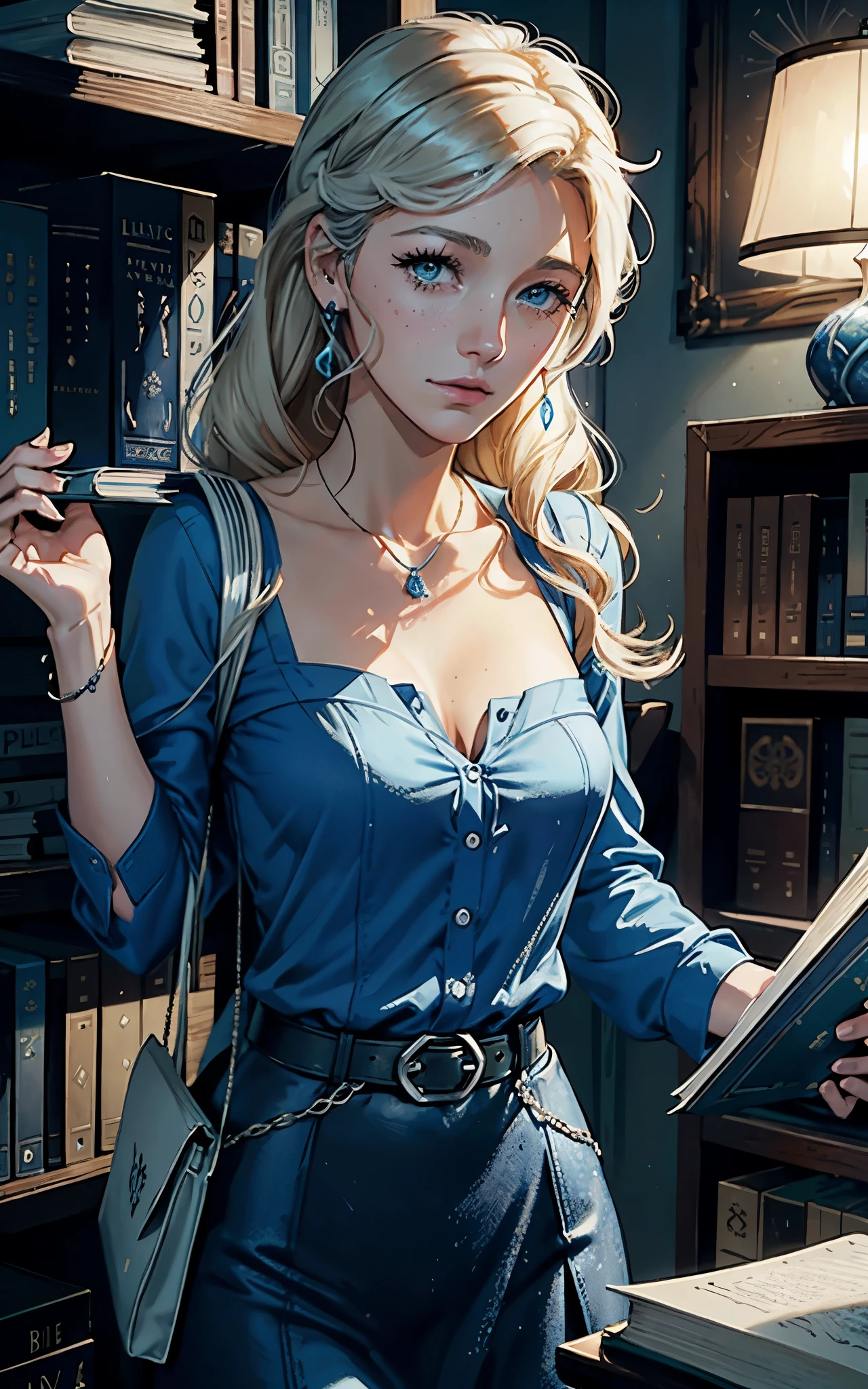 (Blake Lively:Elsa Pataky) is a librarian grabbing a book with strange symbols in the cover, tote bag. ((Blue shirt with white neck)) , Lovecraft atmosphere, 1920 style, masterpiece.