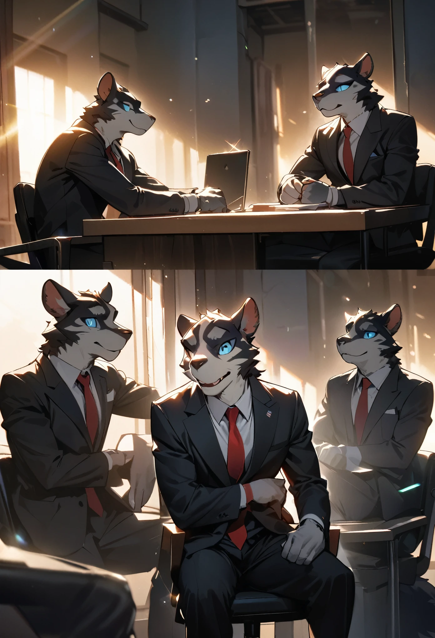 highres, top quality, best quality, paid reward available, High-quality illustrations, unparalleled masterpiece, businessman, suits, man sitting on chair, fully posable, neutral pose, thinking pose(furry anthro)absurdres, perfect anatomy, expression, caustics, dynamic lighting, lens flare, cinematic shadow, assorted poses, cinematic angle,