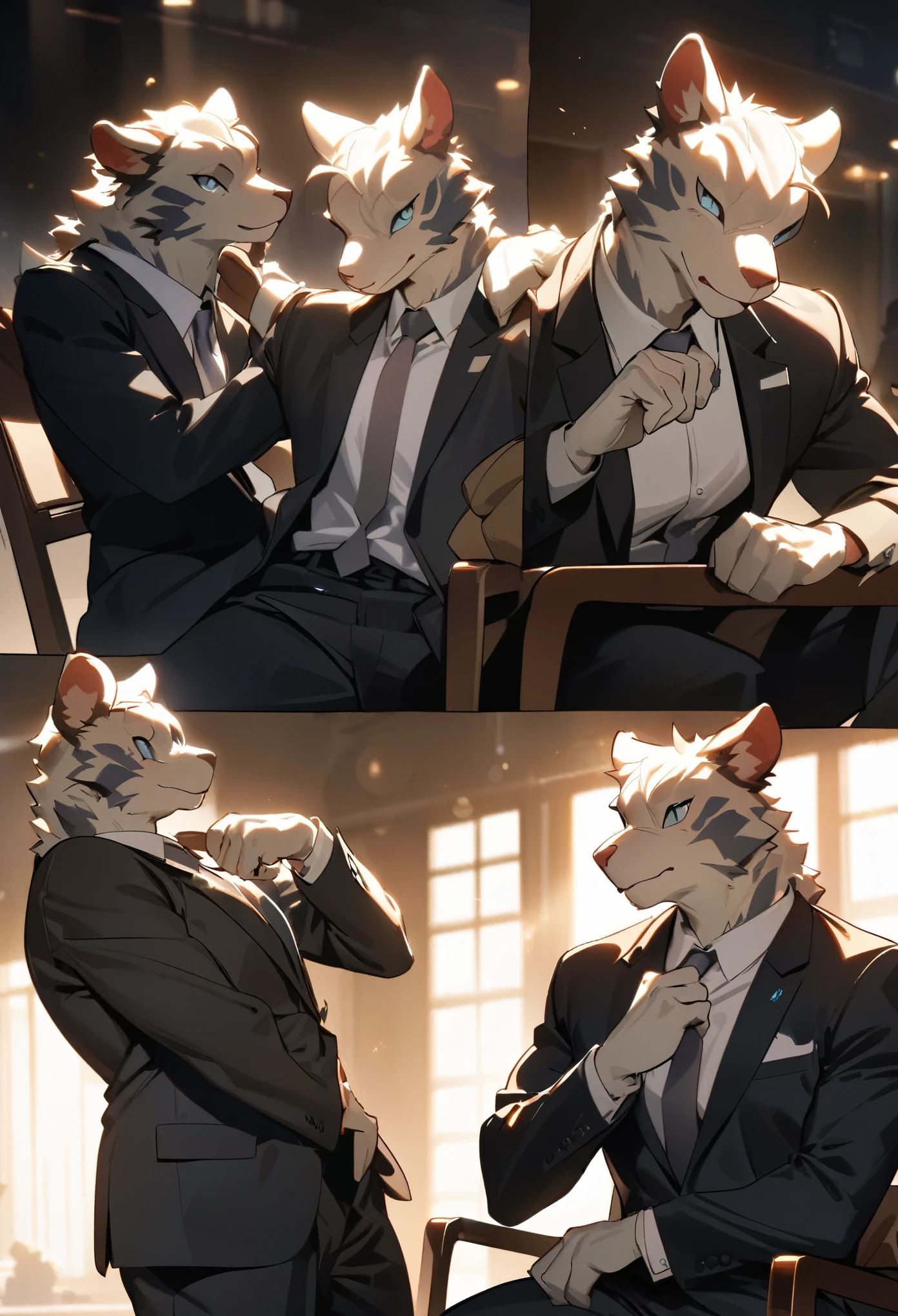 highres, top quality, best quality, paid reward available, High-quality illustrations, unparalleled masterpiece, businessman, suits, man sitting on chair, fully posable, neutral pose, thinking pose(furry anthro)absurdres, perfect anatomy, expression, caustics, dynamic lighting, lens flare, cinematic shadow, assorted poses, cinematic angle,