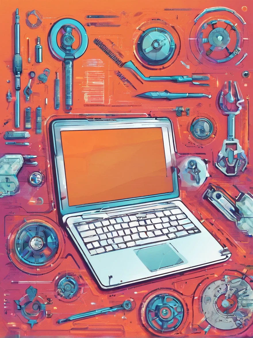 Futuristic Tech Repair Concept with Laptop, Smartphone, and Tools. Vibrant featuring digital UI,UX interfaces across devices with floating wrench and gears, symbolizing technology maintenance