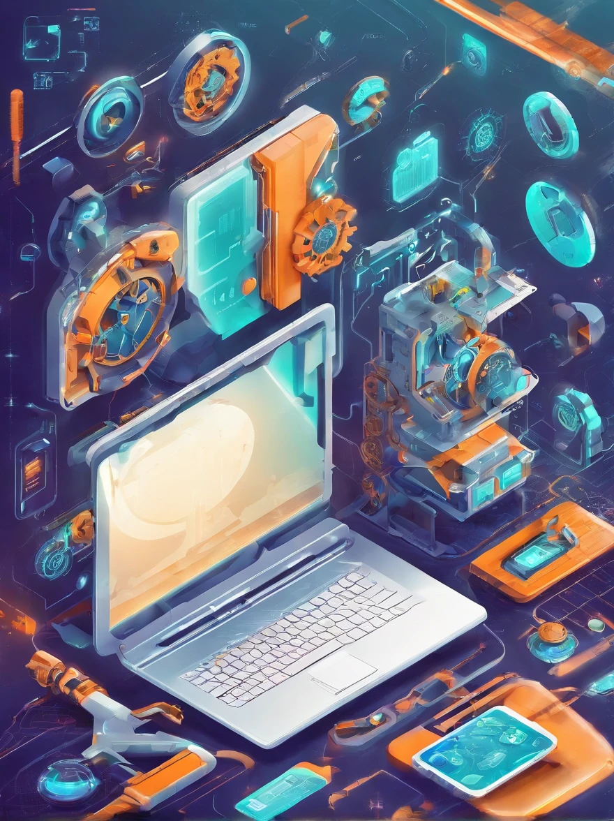 Futuristic Tech Repair Concept with Laptop, Smartphone, and Tools. Vibrant featuring digital UI,UX interfaces across devices with floating wrench and gears, symbolizing technology maintenance