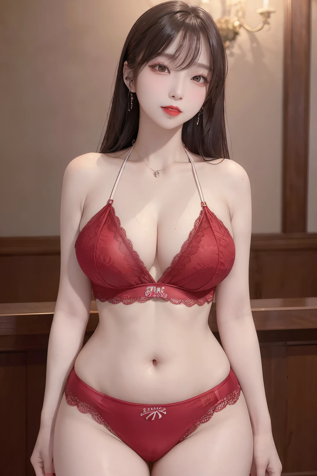 A sexy and charming korea woman, legs thrown back, elegant and intellectual, confident and generous, exquisite and beautiful face, exquisite collarbone, charming fragrant shoulders, navel, full body wet photo, body facing the front, beautiful and exquisite pretty face, peach Red lips, fragrant shoulders slightly exposed, super big breasts looming, focus on the face, seductive and delicate collarbone, ultra-high resolution, tender and smooth skin, very realistic details, bokeh, Bright Background, ultra-high-definition, outstanding details, 8K, blushing face, Attractive collarbone, sexy shoulders, one person, wet bob hair, ponytail long hair, smile with teeth, clothes((luxury red sexy lace underwear with deep cleavage, luxury necklace):1.2), high detail, shiny skin, (standing pose:1.5), blur background, beauty light smile,