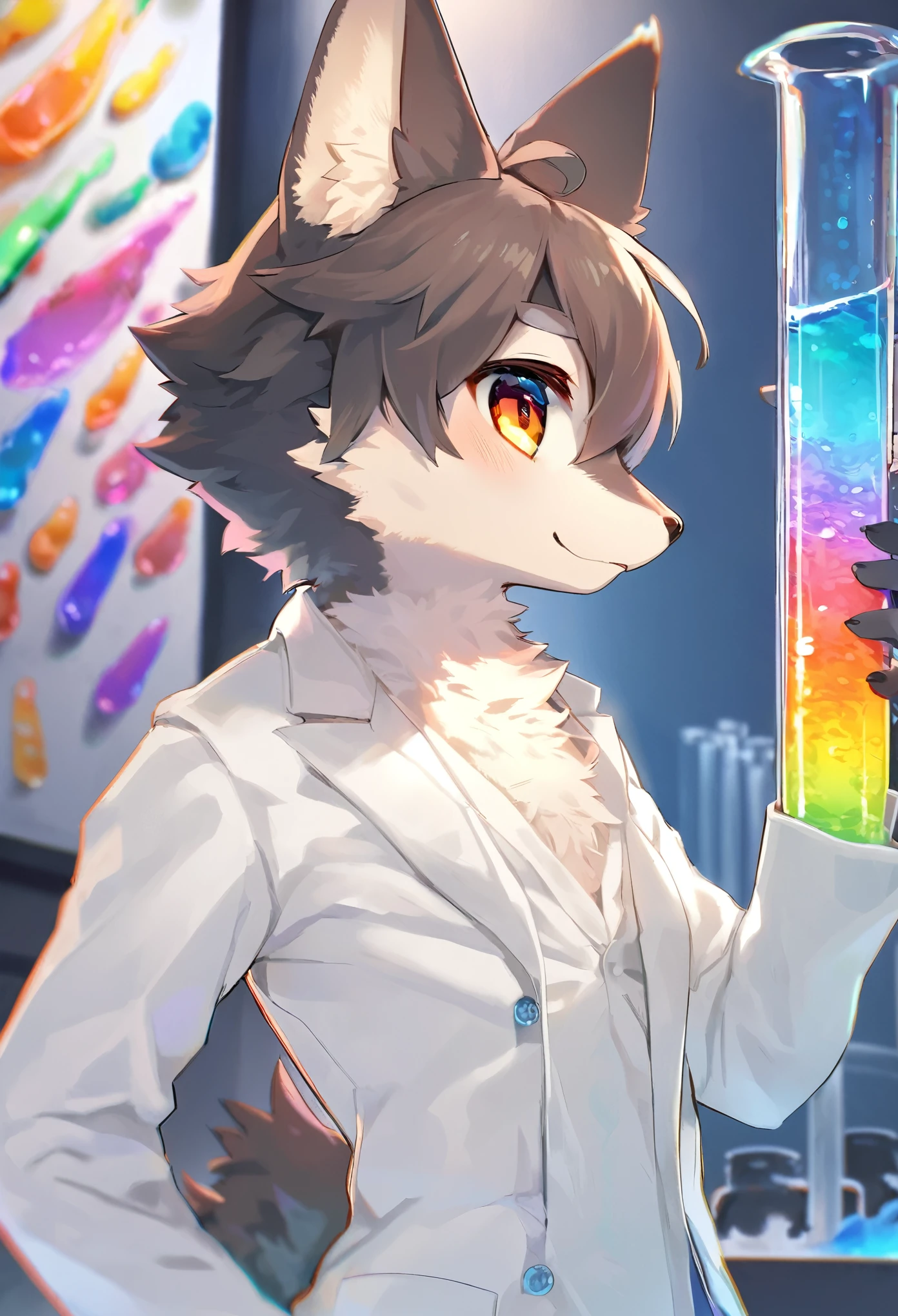 top quality, best quality, masterpiece, super high resolution, detailed background, good lighting((colorful water in test tube))laboratory, absurdres, perfect anatomy(handsome 1boy, kemono, solo focus, white coat, furry, anthro)(Furry body, dog facial features, dog body features)(very detailed body fur)full body, full body, looking at view, hands on the glass,