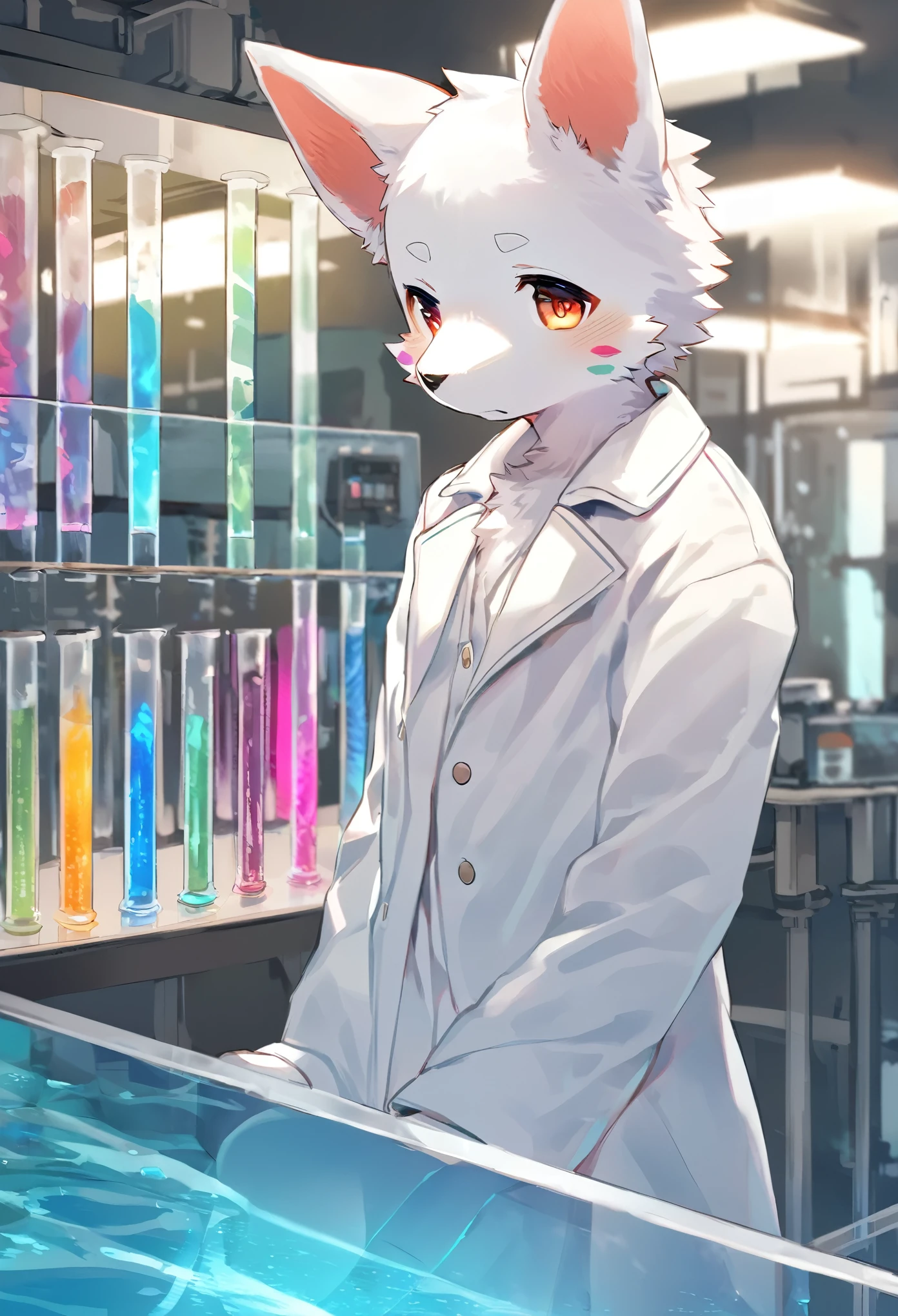 top quality, best quality, masterpiece, super high resolution, detailed background, laboratory, absurdres, perfect anatomy(handsome 1boy, kemono, solo focus, labo coat)(furry anthro, Furry body, fox facial features, fox body features)(very detailed body fur)full body, holding test tube,