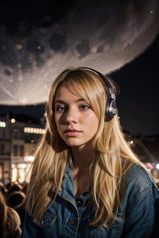 Blonde girl listening to music against the backdrop of the moon