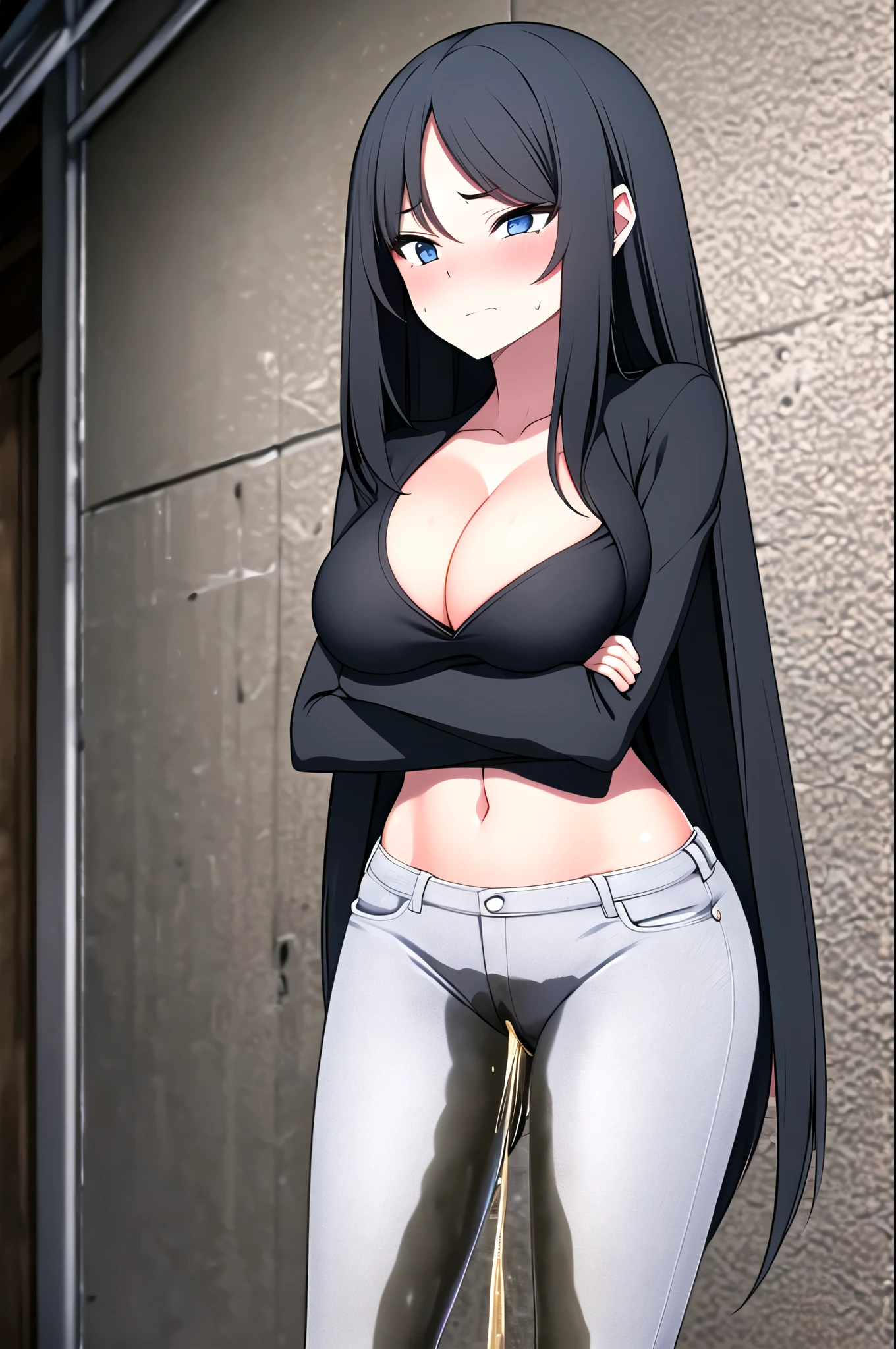 A woman with very long black hair, (very long hair:1.25) and (long bangs:1.5), wearing a stylish jacket and jeans (low-cut jeans:1.5), (low-rise jeans:1.5), standing. The artwork is inspired by manga and incorporates a doujin style. The woman appears to be (wetting herself:1.5), which causes her to feel embarrassed and humiliated, resulting in a blush on her face. In addition, there is an air of anger in her expression. The lighting in the scene is moody, with a spotlight highlighting the woman's figure, Her arms are crossed (crossing arms:1.5), showcasing a very large pee stain that covers almost the entire front of her pencil jeans., large breasts, cleavage, skinny