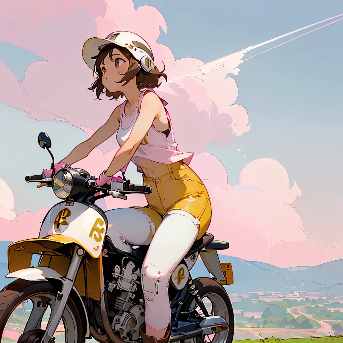 Highest quality、((A girl is riding a pink Super Cub:1.35))、Dark brown short cut、(Wearing a white jet helmet、White tank top、Yellow Jacket、Denim shorts、White knee-high socks、Brown work boots:1.3)、Japanese countryside scenery、Winding Road、Weeds grow along the side of the road、Blue sky、White clouds floating、Early summer sky、