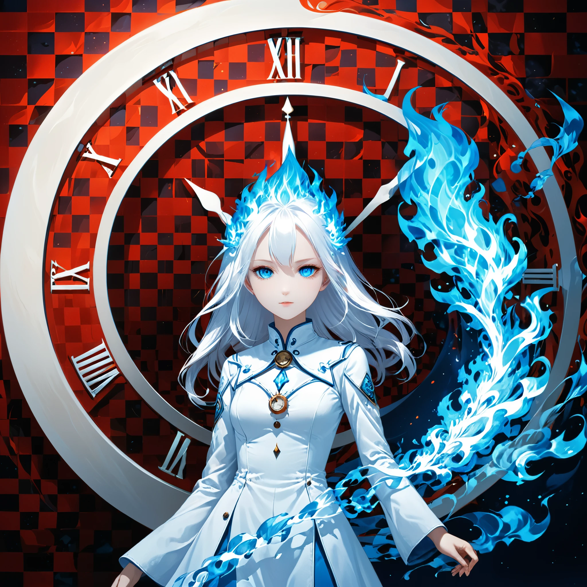 red and white checkered background, checkered background,surrealist style,(depicting (((blue fire))) Elemental concept designed:1.2),(full_shot:1.2),space warp background,(clock_background:1.3),
BREAK
negative space composition,character design by liu ye,Nick Veasey,
BREAK
(long white hair:1.4),(white eyes:1.2),(white mechasuite:1.5),detail eyes
BREAK
(pose:1.4),(the lines of movement of the wind:1.4),simple background,(elementalized body:1.1),