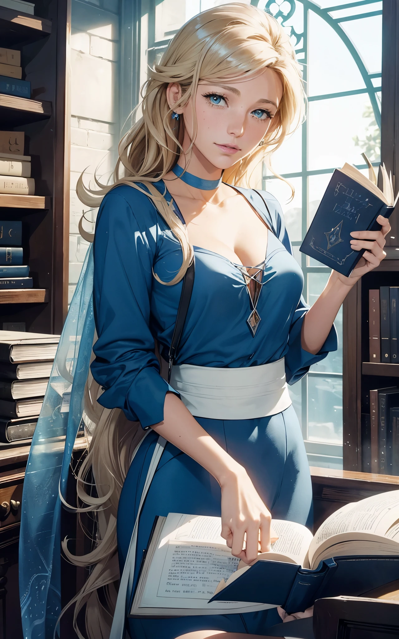 (Blake Lively:Elsa Pataky) is a librarian grabbing a book with strange symbols in the cover, tote bag. ((Blue shirt with white neck)) , Lovecraft atmosphere, 1920 style, masterpiece. 