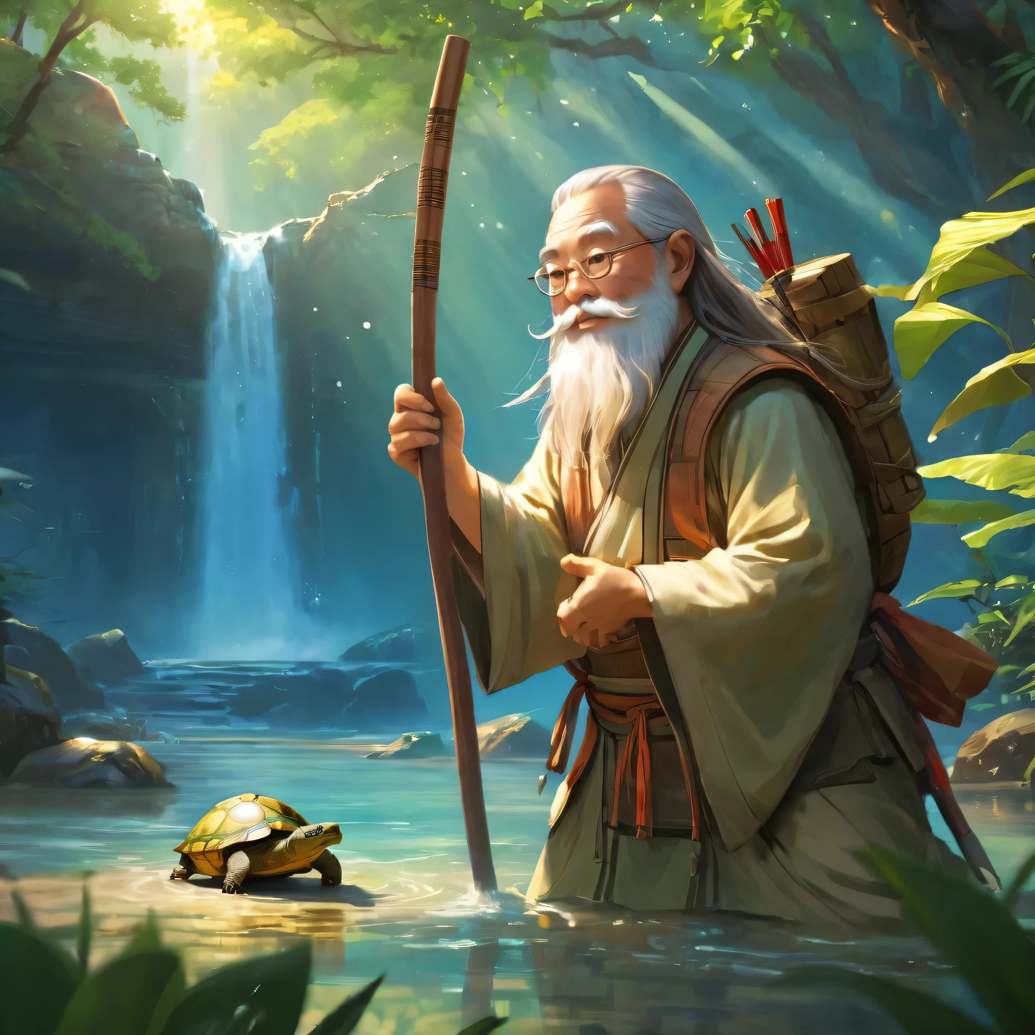 Anthropomorphism of the turtle，Long white beard，Wrinkled face，with a calm expression，Under the waterfall，In the moonlight，Ancient temple，Bonsai tree，bamboo forrest，Flowing rivers，(traditional martial arts uniform)，(Wooden staff)，surrounded by nature，harmonious balance，peacefulatmosphere，Wise eyes、weathered hands、a serene smile、Powerful energy、hidden strength、Fabulous creatures、(iconic turtle shell)、Mysterious knowledge、Ancient wisdom、beyond the reach of time and space、Ethereal light、master of nature、Keeper of secrets、Eternal existence、immortal protector、eternal life。(best quality,4k,8k,highres,masterpiece:1.2),ultra-detailed,(realistic,photorealistic,photo-realistic:1.37), HDR, UHD, studio lighting, ultra-fine painting, sharp focus, physically-based rendering, extreme detail description, professional, vivid colors, bokeh artistic style: concept artists, traditional painting, fantasy artwork color palette: earth tones, vibrant greens, serene blues, warm browns, golden accents lighting: soft natural light, gentle shadows, warm golden hour glow