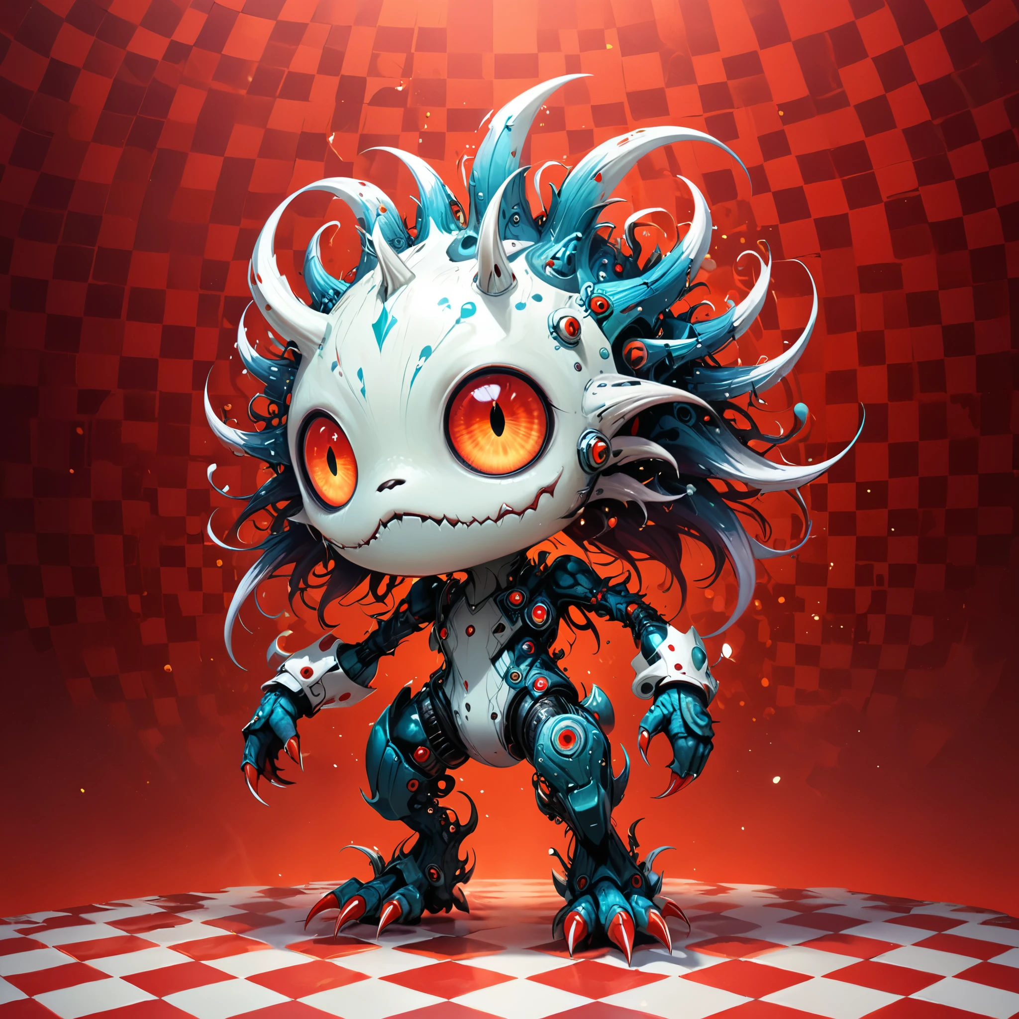 red and white checkered background,(best quality,4k,8k,highres,masterpiece:1.2),ultra-detailed,surrealist style,in style of Daniel Merriam,lovely style biopunk monster concept,character concept design,
BREAK
(full_shot:1.2),negative space composition,