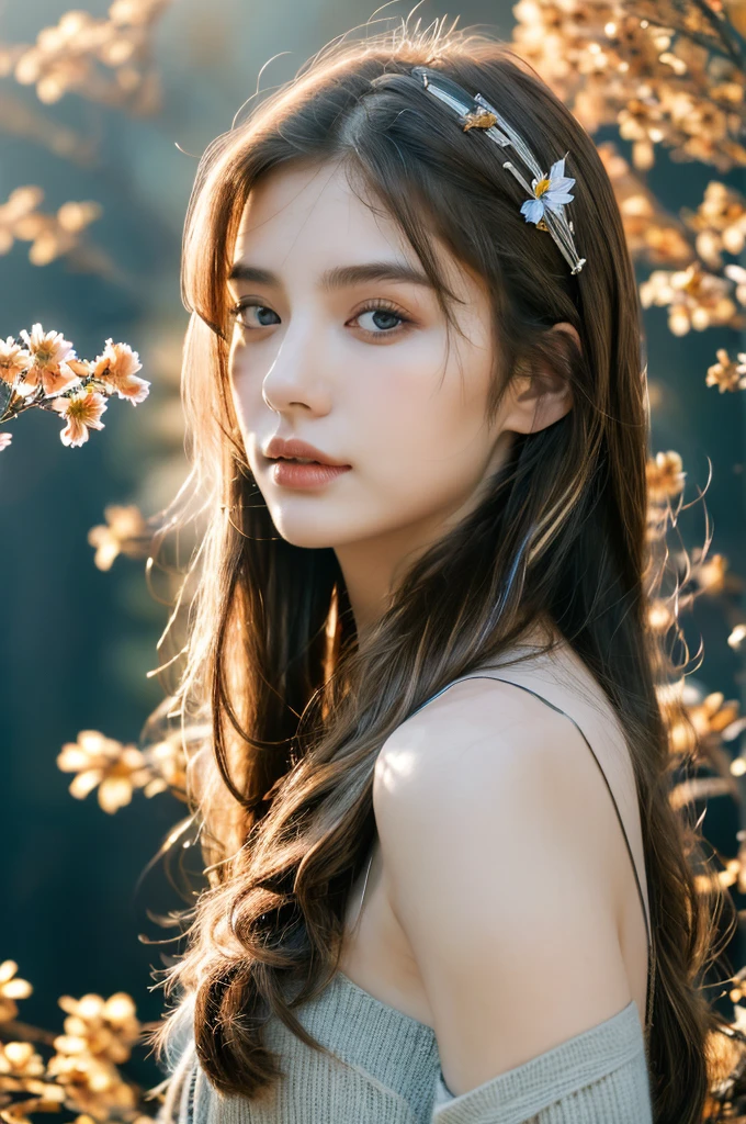 ( masterpiece, top quality, best quality,8k,17 years old girl,ultra detailed,raw photo:1.5),(photorealistic:1.4), (cinematic lighting), PerfectNwsjMajic, , Surrealism, UHD, ccurate, Super detail, textured skin, High detail, Best quality, dynamic angle, White skin,[Beautiful blue eyes], high nose,[flat chest:large breasts:0.5],(1girl),((good anatomy:0.5)),(covered in flowers:1.4), night sky, interested in, fire and ice, (The image is divided into two，Available in a variety of colors:2), eyes blues, sapphire, liquid metal, night sky, (Look at an angle:1.3), (fire and ice), ((Lower chrome)), (hairpin:1.4), (forest:1.3), (fog: 1.3),  Subtle colors and tones, mystical aura ,dreamy atmosphere,expressive brush strokes, mystical ambiance, Artistic interpretation, upper body, (long straight hair,light brown streaked hair, brown hair)