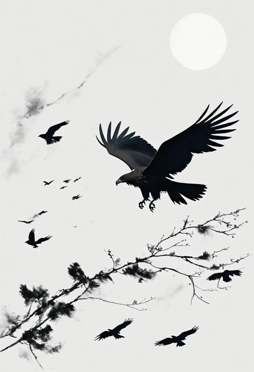 Black Hawk, White background, moon, simple, Minimalism, Regular angle,Black and white painting