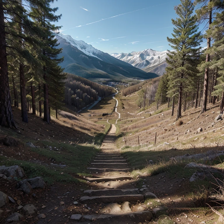 ((best quality)), ((masterpiece)), (detailed),inspirational, An empty steep mountain trail, with a beautiful vista of mountains and forests ahead.
