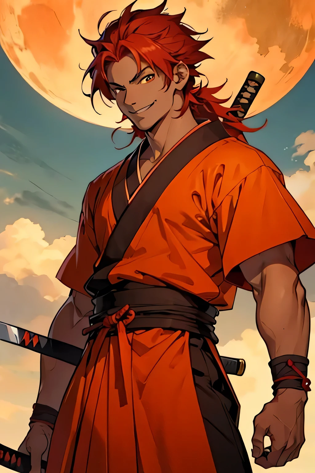 man, tanned skin, smile, strong, red hair, anime style, style, orange eyes, slim, athletic, men's clothing from feudal japan, holding a katana