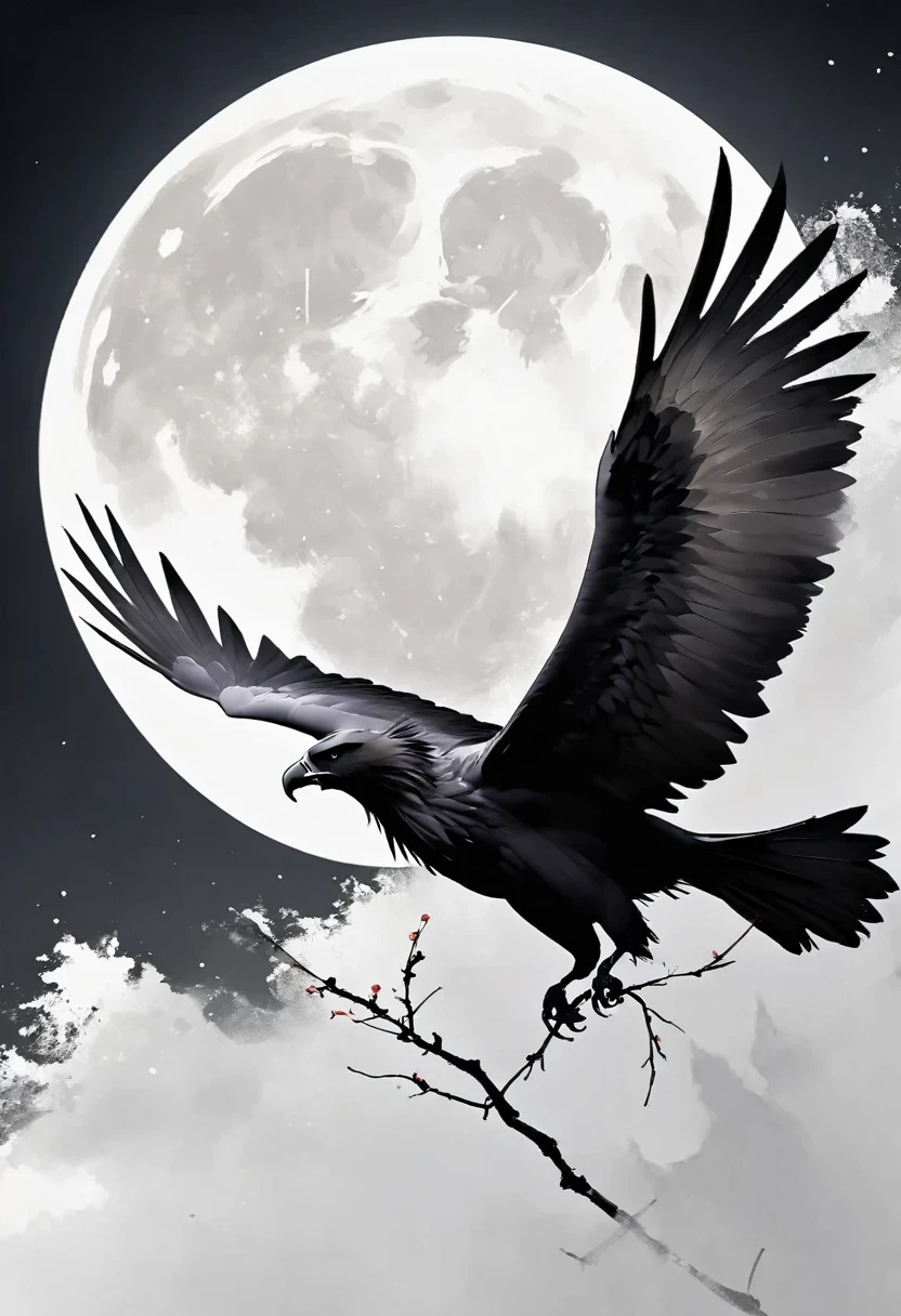 Black Hawk, White background, moon, simple, Minimalism, Regular angle,Black and white painting