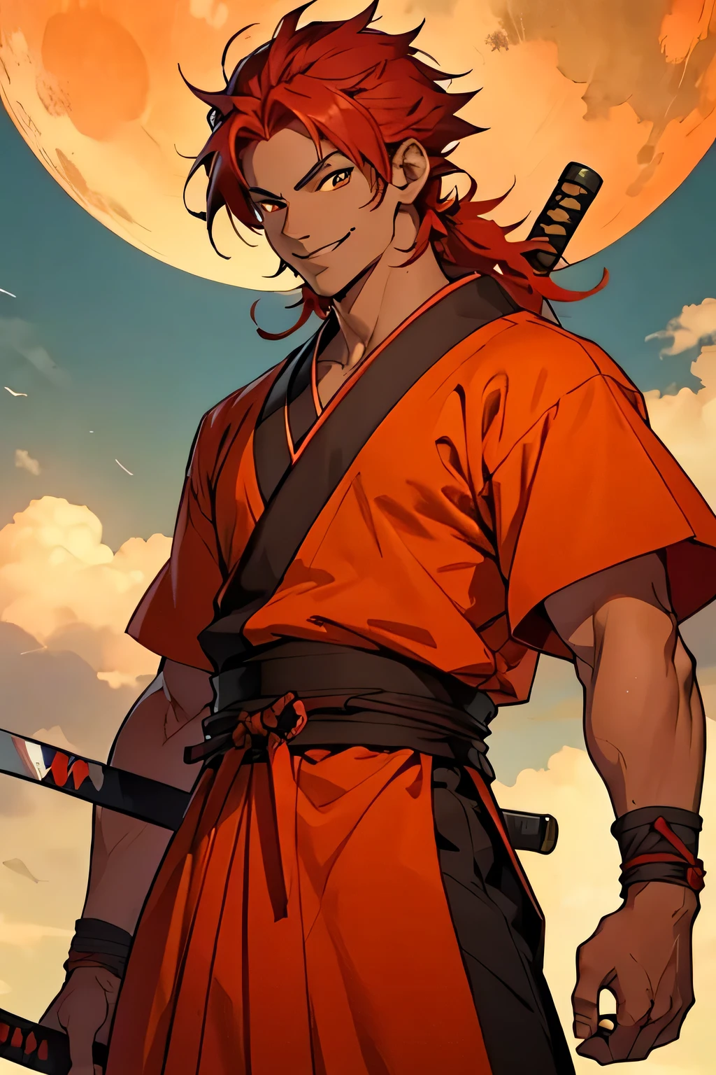 man, tanned skin, smile, strong, red hair, anime style, style, orange eyes, slim, athletic, men's clothing from feudal japan, holding a katana