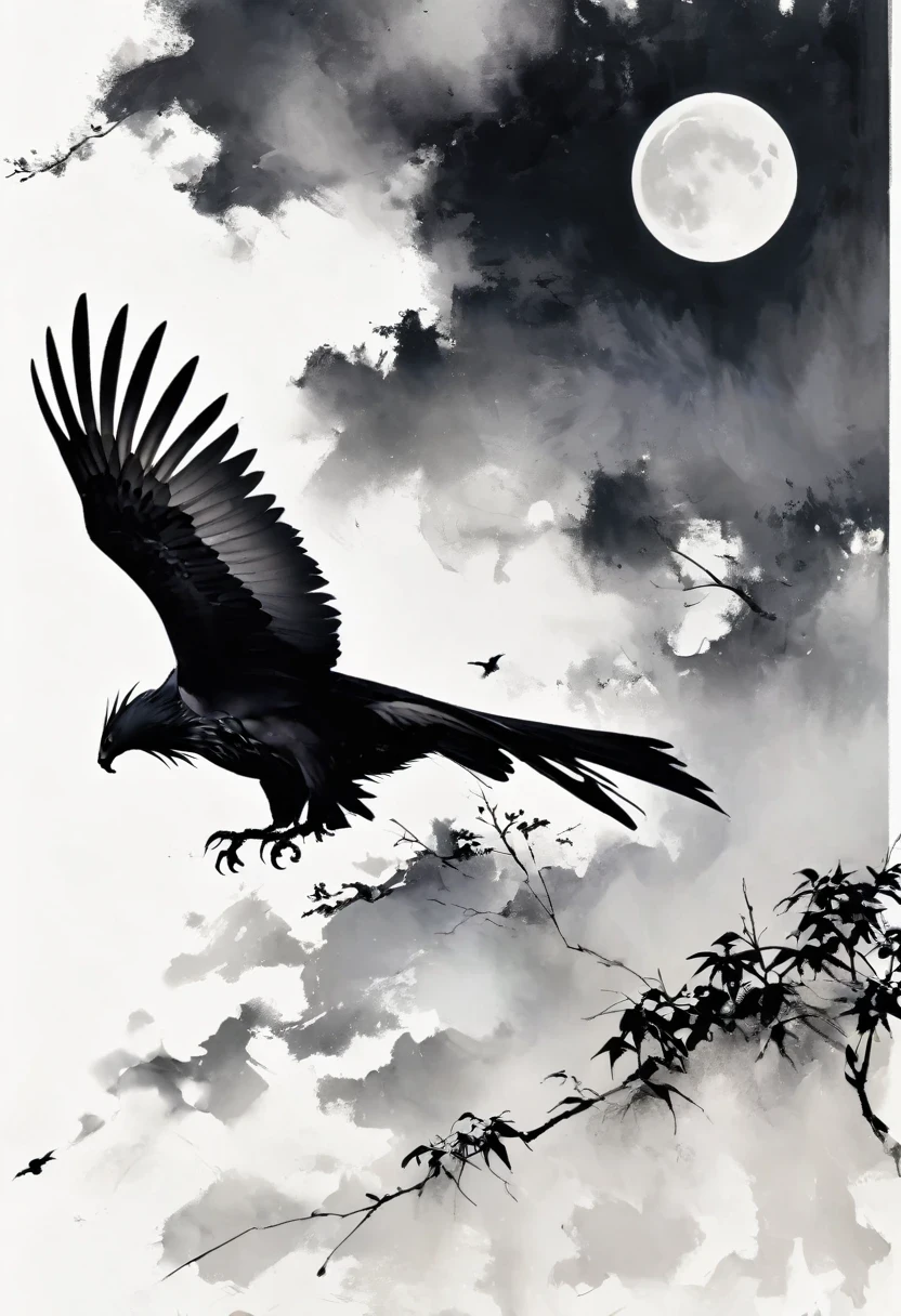 Black Hawk, White background, moon, simple, Minimalism, Regular angle,Black and white painting