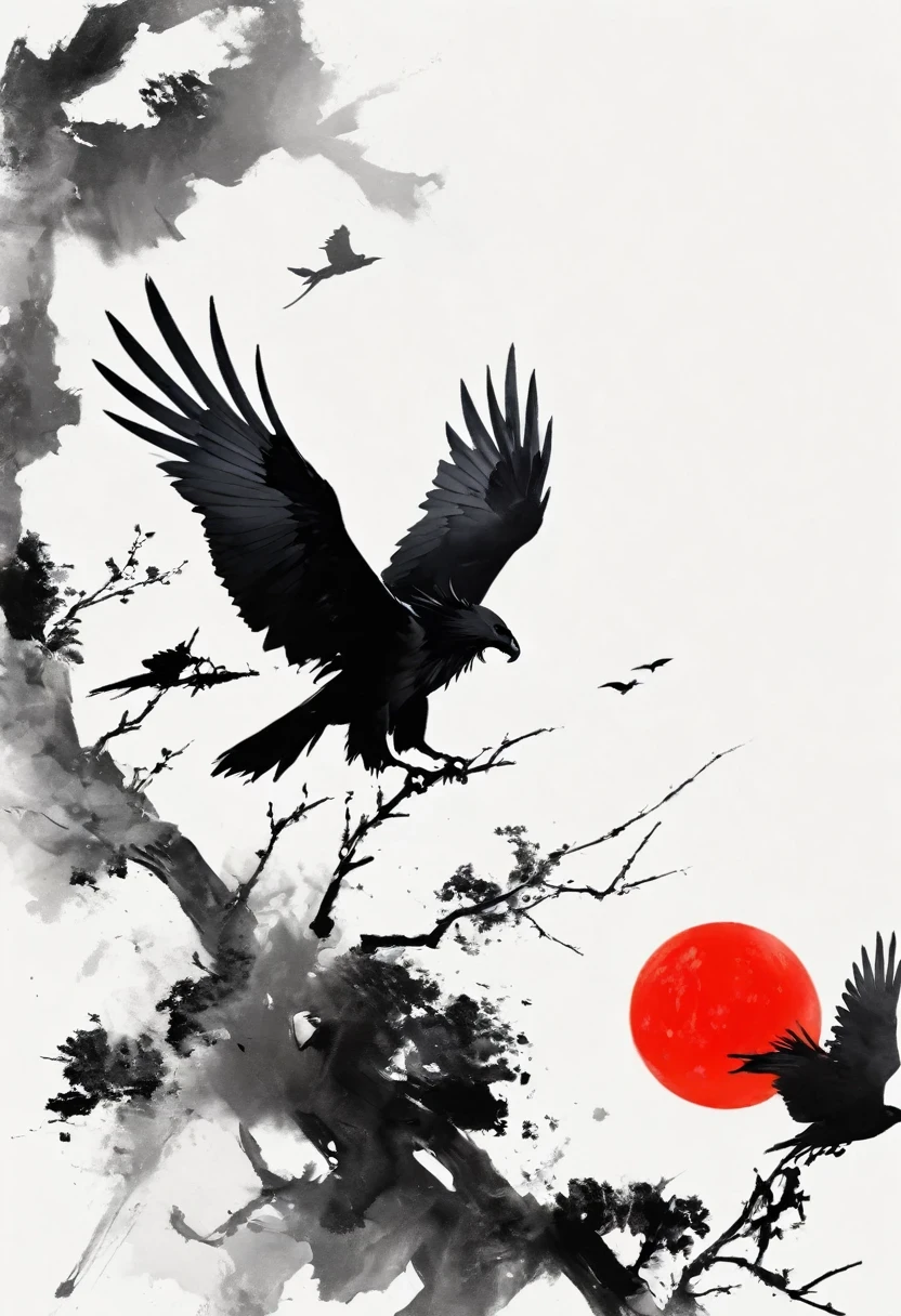 Black Hawk, White background, moon, simple, Minimalism, Regular angle,Black and white painting