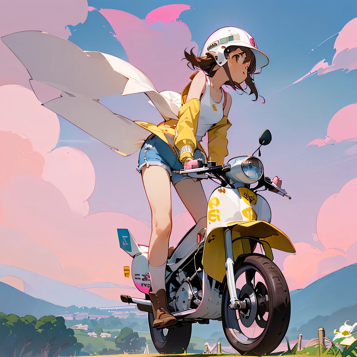 Highest quality、((A girl is riding a pink Super Cub:1.35))、Dark brown short cut、(Wearing a white jet helmet、White tank top、Yellow Jacket、Denim shorts、White knee-high socks、Brown work boots:1.3)、Japanese countryside scenery、Winding Road、Weeds grow along the side of the road、Blue sky、White clouds floating、Early summer sky、